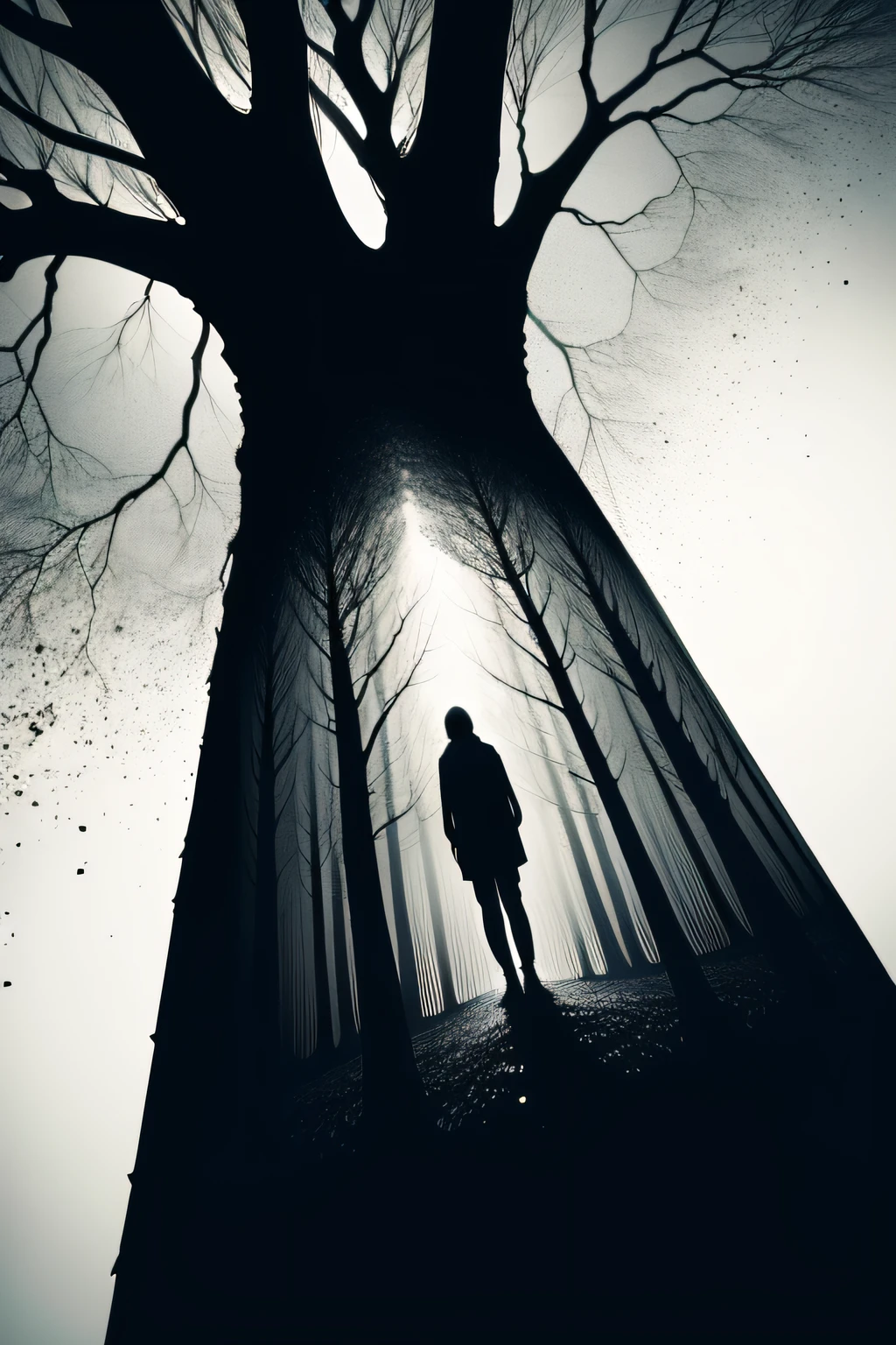 People inside trees, digital art, solid color, sharp focus, print art, black and white, empty background, paradoxical style, cosmic horror, talks like a shirt print