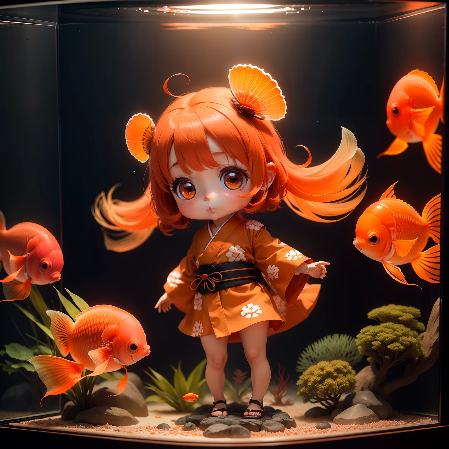Cute Baby Chibi Anime,Red and orange kimono,goldfish bowl,aquarium,Transparent jellyfish,The corals,tropical fish,