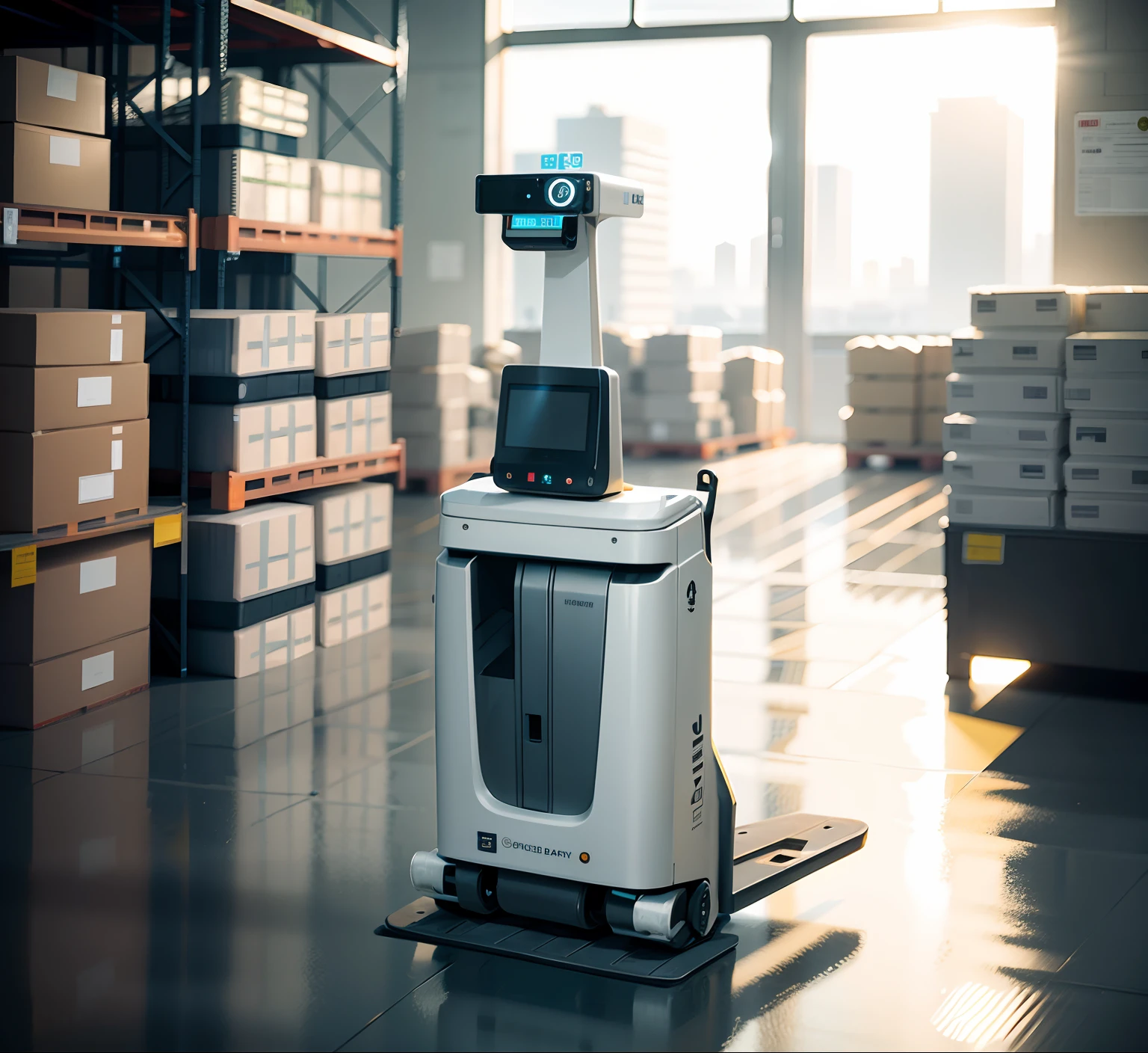 This handling robot moves in a very large warehouse logistics center，Handle a lot of goods，large panorama，Top-down composition