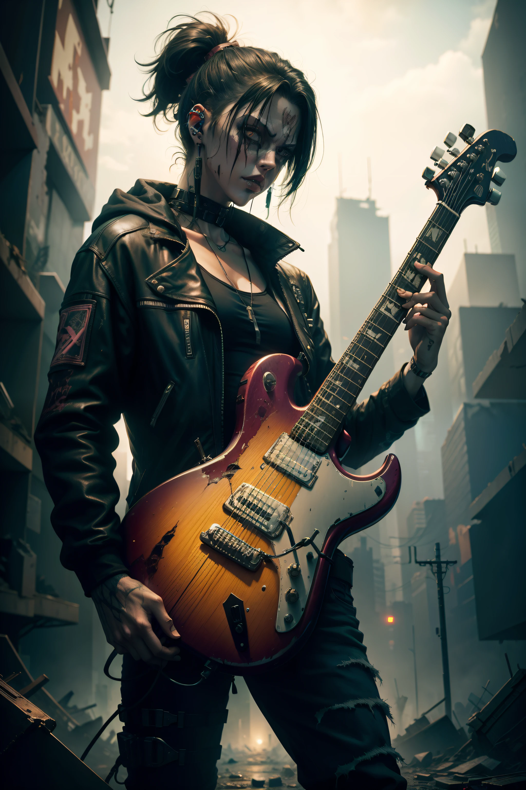 a guitar in cyberpunk style played by a zombie in a destroyed city
