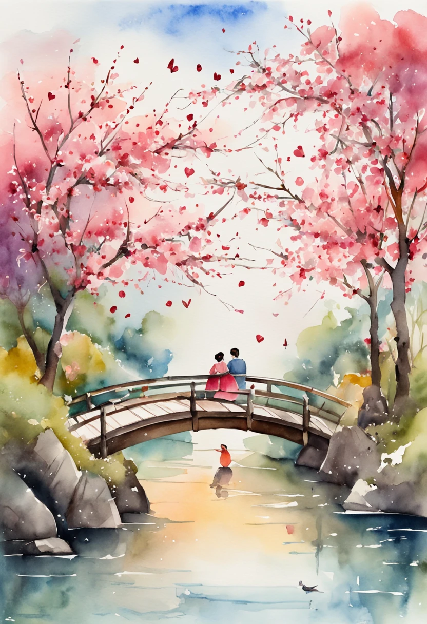 Tanabata Valentine's Day romantic poster，Close-up of a man and a woman kissing on a wooden bridge，Peach blossoms bloom on both sides of the river，Countless pink petals fell from the sky，Several magpies flew around in the sky，