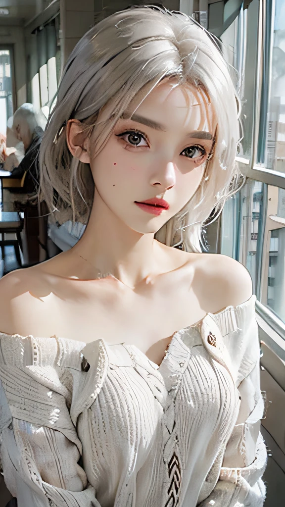 Medium Shot Shot, A beautiful woman looks at the camera, White hair, Chris Foss' off-the-shoulder sweater for autumn