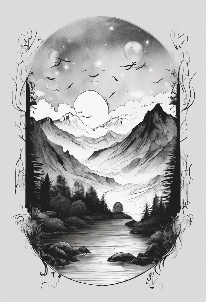 Black and white ink painting,Leisurely,Fairy air is ethereal,Surrounded by mountains and waters