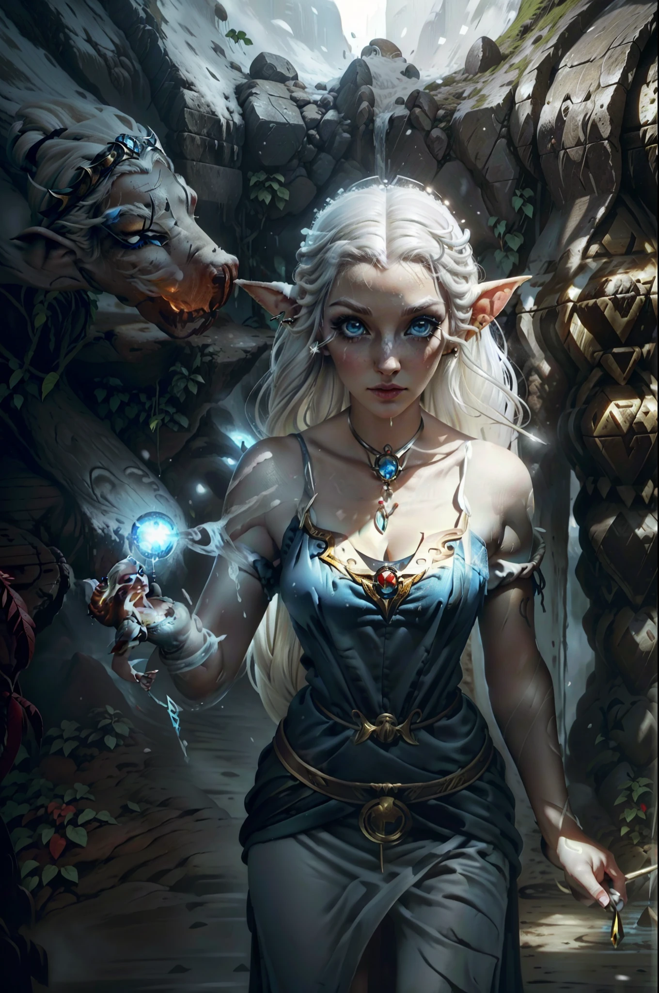 pele acizentada,poucas e pequenas queimaduras de frio. Olhos cegos, white lashes, sobrancelha branca e rareada. Pale mouth. Long flowing white hair. elvish ears, brincos gota pratas, piercings no topo da orelha. Corpo magro feminino,Longas, flowing dress and snow white,sem decote,mangas curtas. fundo nevado