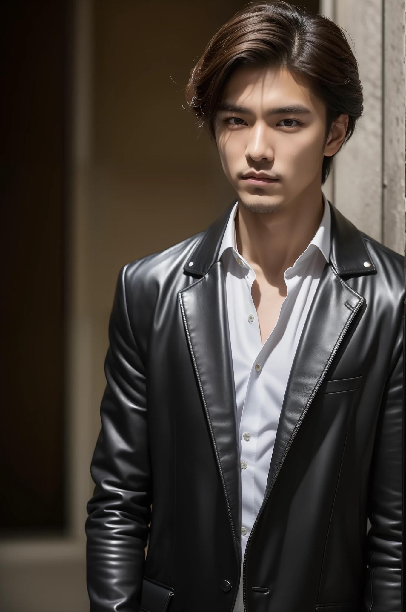 Portrait of 20 year old Japan man in spring sexy business style/Summer. Wearing a white Gucci slim fit shirt, Black Versace Leather Pants, and black Prada loafers. Combination with Rolex watches. The face reflects a confident and attractive expression. A Hairstyle with a wet finish and a smooth look, in dark brown color,. This style is confident and attractive, Reflects his charismatic personality.