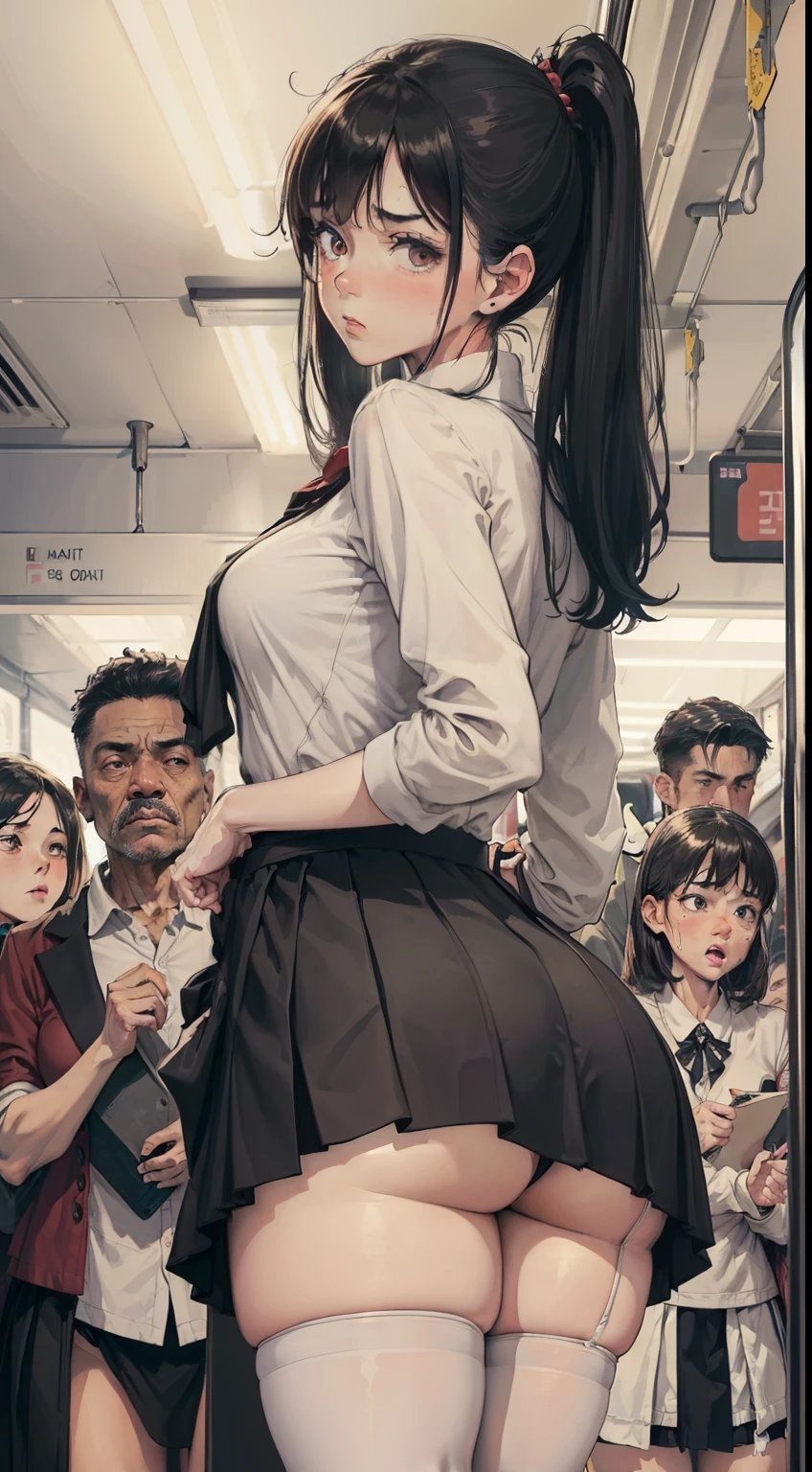 sfv, ((Realistic, Masterpiece)), (Very crowded subway train interior detailed scene), (Very crowded subway train interior detailed background), Stand crazy (Woman 1) Use sexy ((school uniform)), (((lifted skirt))), ((Big ass)), ((Thick)), ((3/4 white stockings)), (Fear expression), Be red in the face, Old skinny old ass touching woman 1 touching woman 1 touching woman from behind 1,(((very old ((Ugly) Skinny) (Old man black), (Poorly dressed) Press the chest against the woman's back 1))) and (((Hold her waist behind you)))