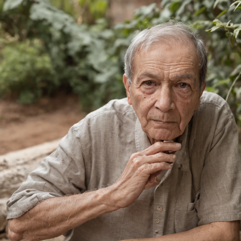 homem de 60 anos com semblante triste e cansado,sentado numa varanda de uma casa de barro,com uma mata ao fundo da casa