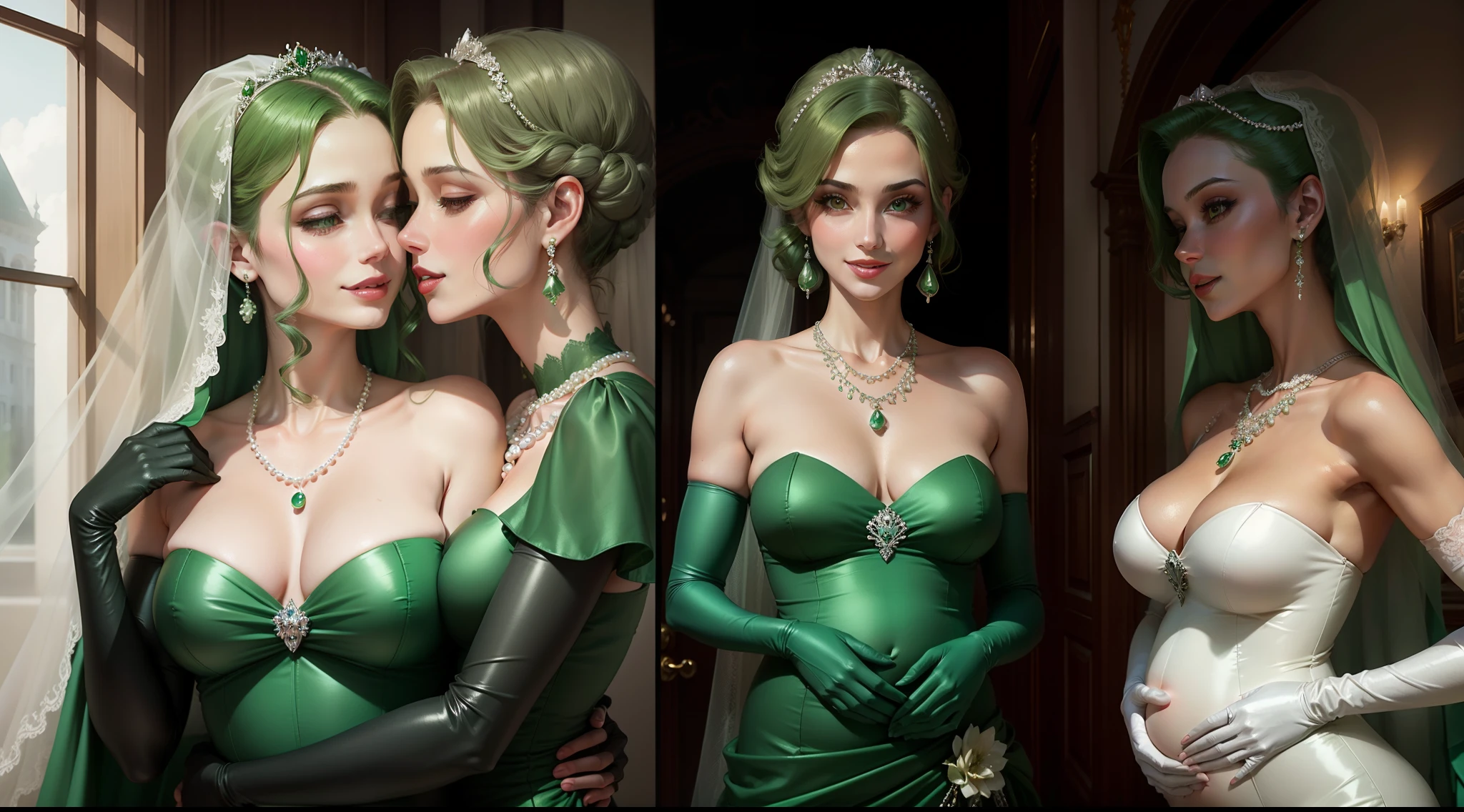 Green Pearl Necklace, Satin green long gloves, lipsticks, Green shorthair, satin, Green dress, bride, the kiss, A smile,pregnant woman