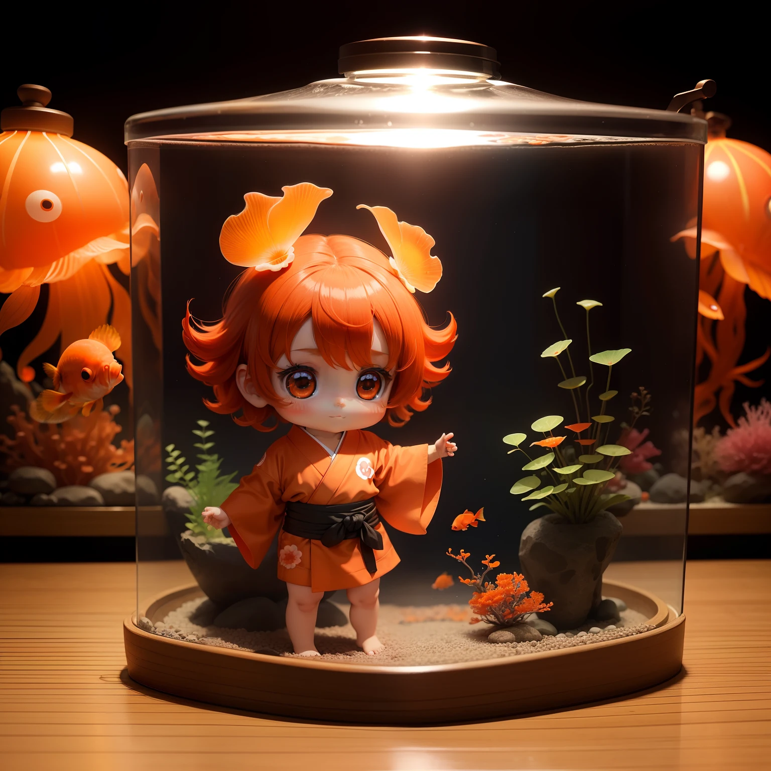 Cute Baby Chibi Anime,Red and orange kimono,goldfish bowl,aquarium,Transparent jellyfish,The corals,Tropical Fish,