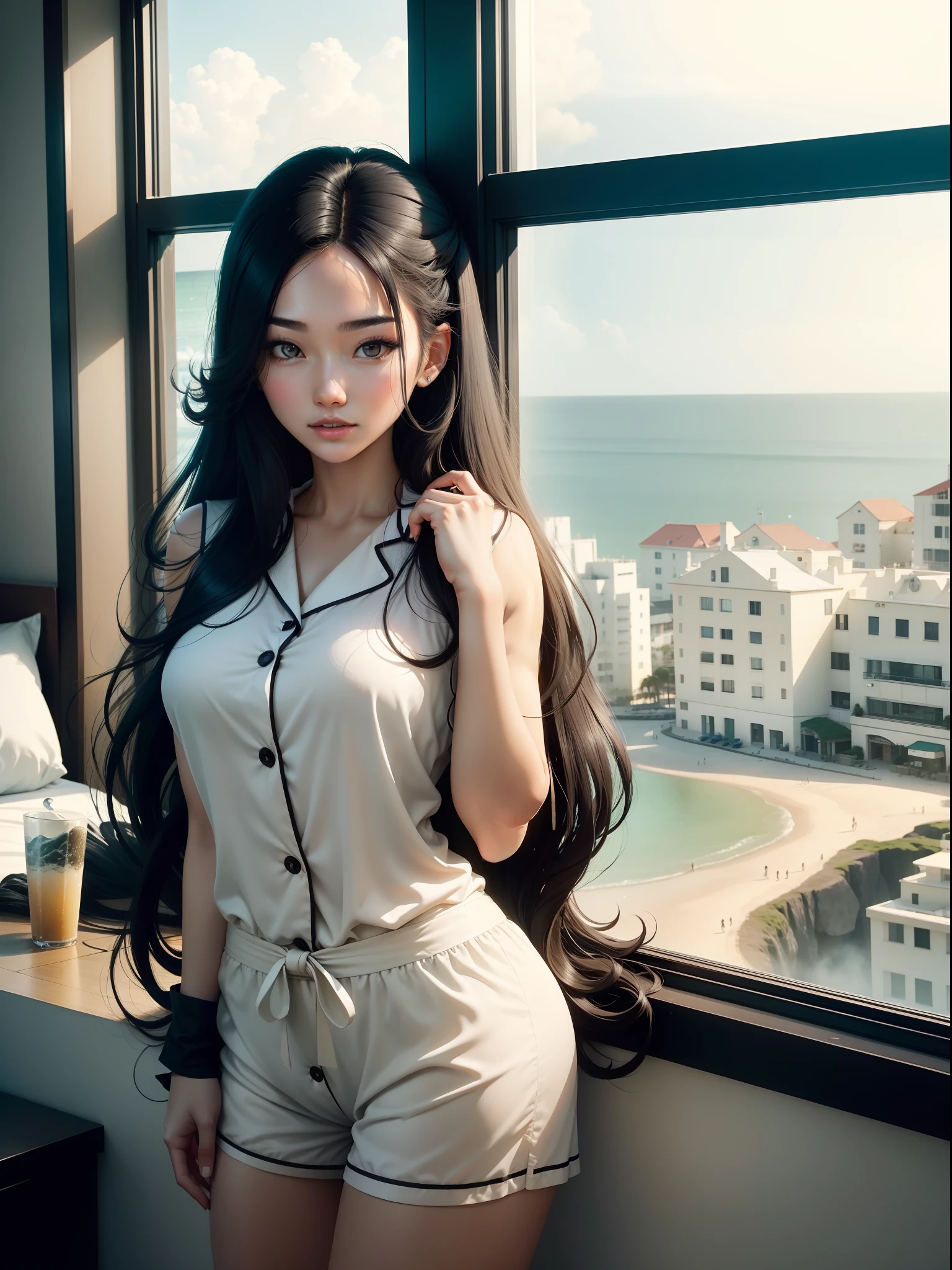 25-year-old young woman,good body,Black hair cascades to the waist like a waterfall,Light-colored pajamas,Hotel rooms by the sea,Look out the window at the sea,Stretch out