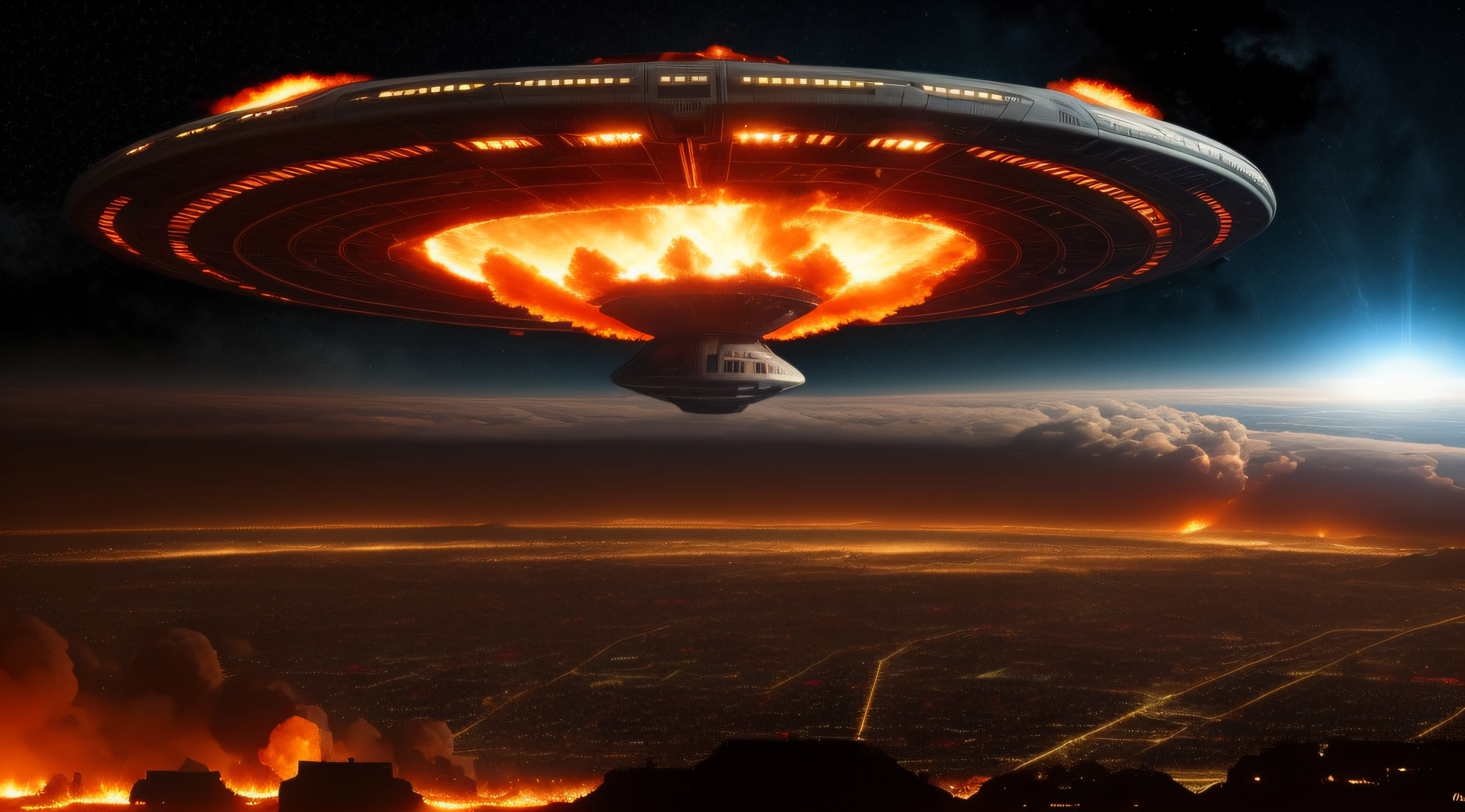 Spaceships fly over cities during the day,ufo attack, The city becomes a sea of fire,Huge mushroom clouds form,Aliens invade Earth, depicted as a scifi scene, the ufo is over the city, Invasion of Earth time, alien spaceship, the spaceship is on fire, Alien battles in space, spaceships flying above, The spaceship exploded