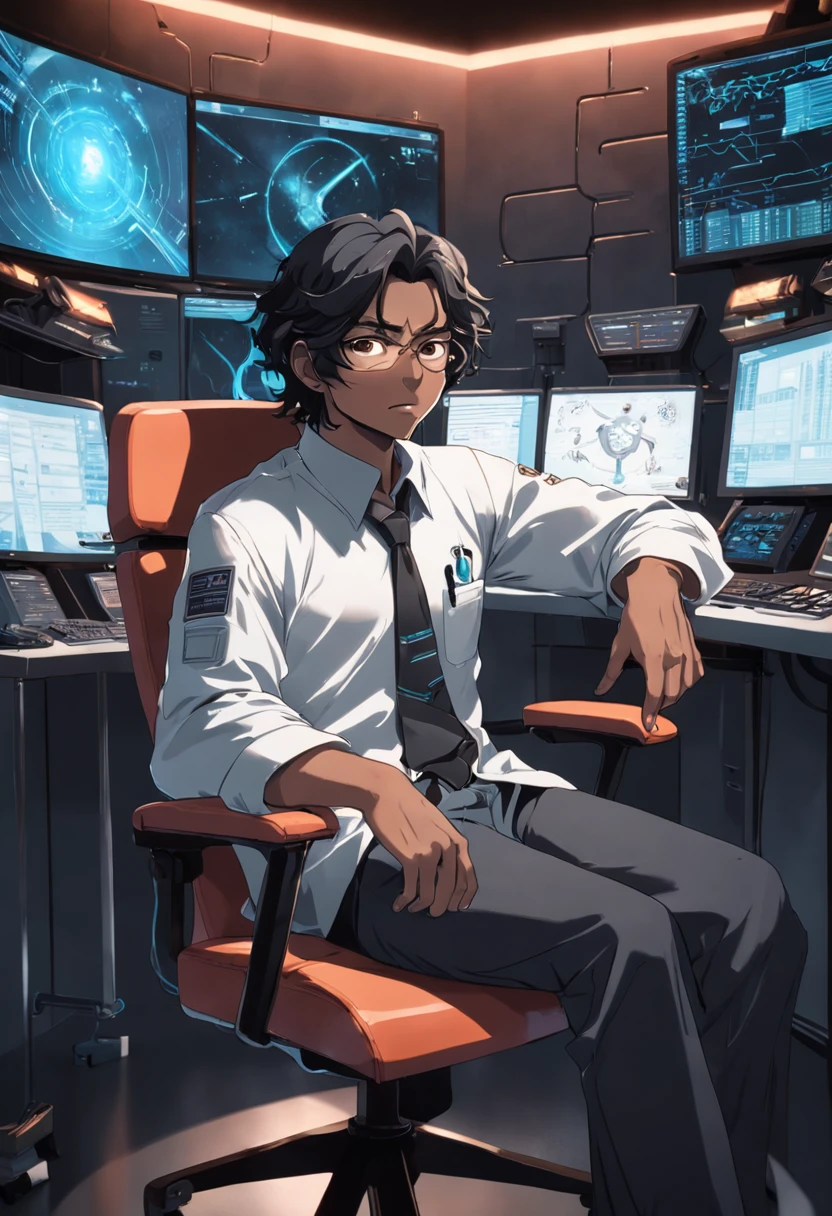 raw, wide angle, A man in a dark lab sitting in a chair in front of a futuristic computer screen wears glasses., Age 50,Reddish black skin, Black Hair, Wavy Hair,Shoulder-length hair,Tie me up.,Dark eye typography,Little beard,Black T-shirt,Black pants,White Lab Coat, Coffee mugs are placed on the table., Astronomy Laboratory Show star information, hardware, Bright environment, Neon, ((cyberpunked))