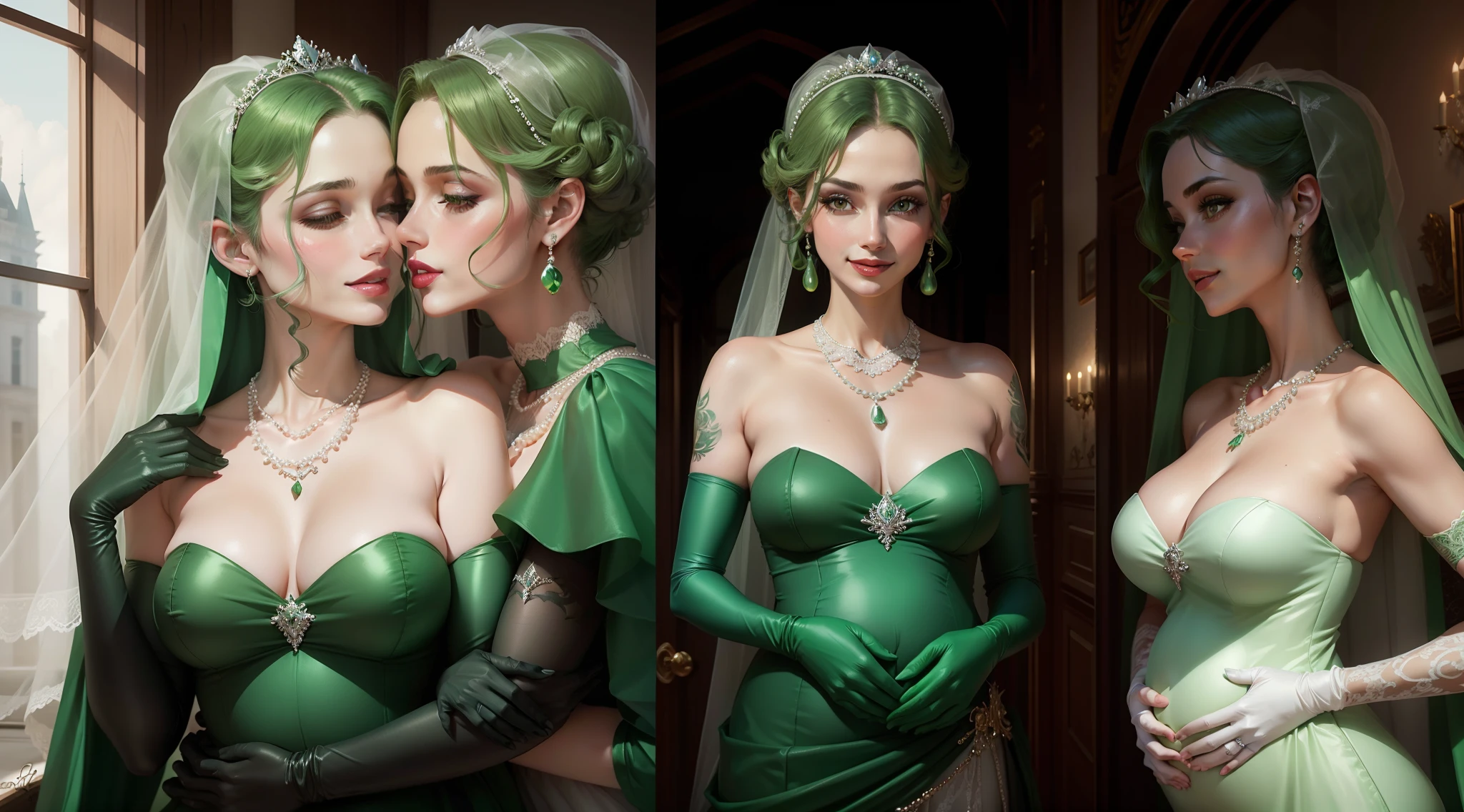 Green Pearl Necklace, Satin green long gloves, lipsticks, Green shorthair, satin, Green dress, bride, the kiss, A smile, pregnant woman, The tattoo