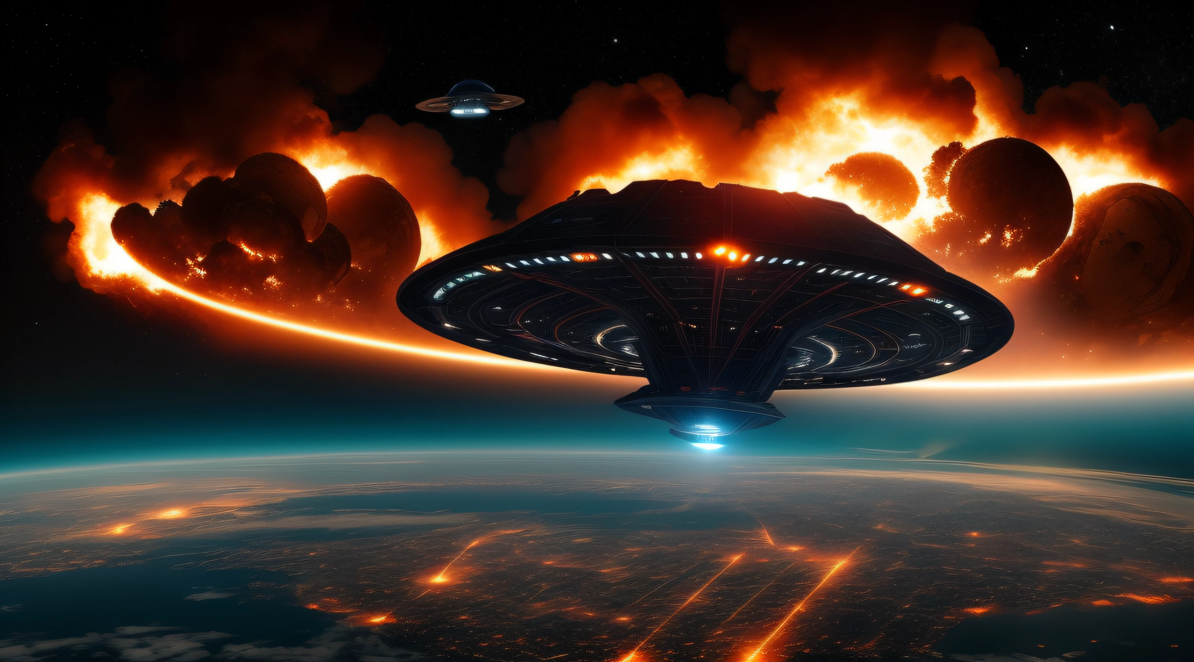 Spaceships fly over cities during the day,ufo attack, The city becomes a sea of fire,Huge mushroom clouds form,Aliens invade Earth, depicted as a scifi scene, the ufo is over the city, Invasion of Earth time, alien spaceship, the spaceship is on fire, Alien battles in space, spaceships flying above, The spaceship exploded
