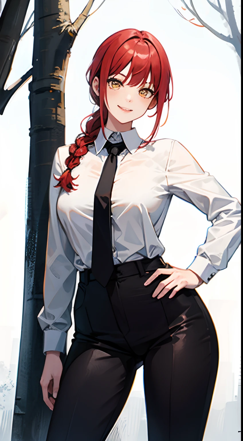 makima\(chainsaw man\), smile, long sleeves, red hair, necktie, large breasts, solo, looking at viewer, thick thighs, hand on hip, pants, black pants, yellow eyes, 1girl, white shirt, braided ponytail, ringed eyes, high-waist pants, shirt, braid, shirt tucked in, simple background, white background, black necktie, collared shirt