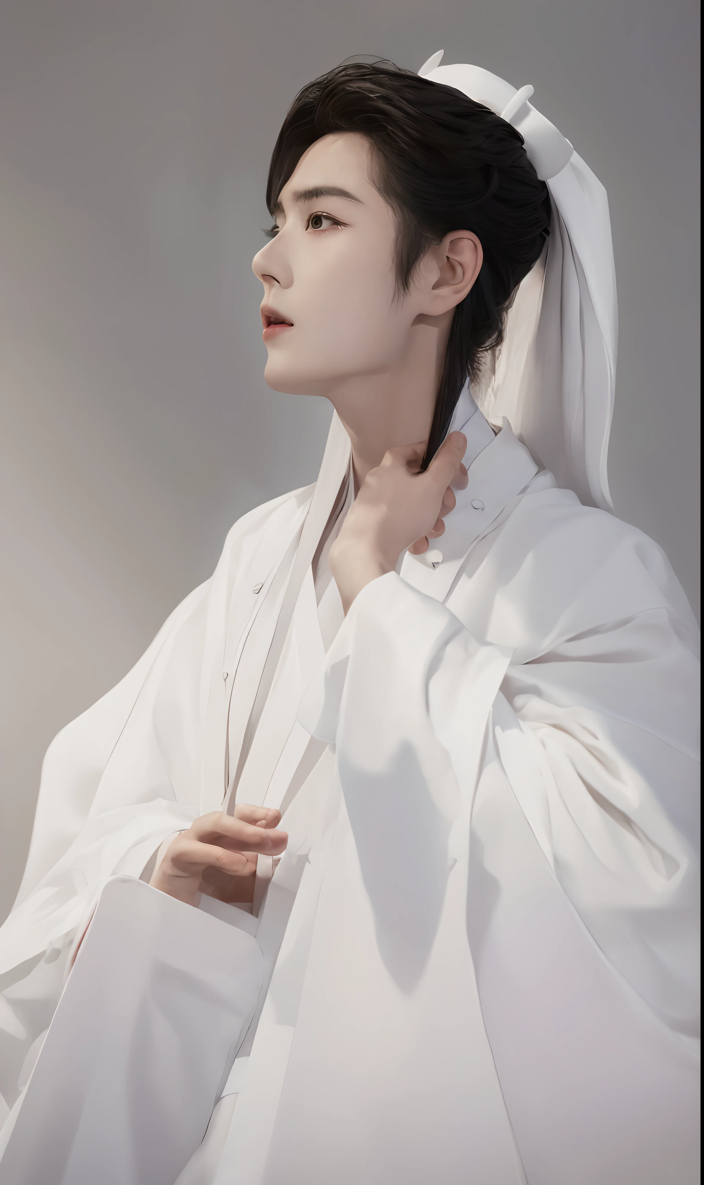 A handsome man in a white robe, Wearing pink flowers on his head, White Hanfu, Hanfu, Xiao Zhan, Big handsome guy, Invincible big handsome guy, Indescribable beauty, A boy in Hanfu, Long flowing black hair and robes, Daoism, white daoist robes, Flowing white robe, Beautiful androgynous prince, wearing long white togas, Delicate androgynous prince, Macro close-up side face, Hands should be complete, Classical temperament, Head-to-body proportions are coordinated, Xiao Zhan, Soft light and shadow