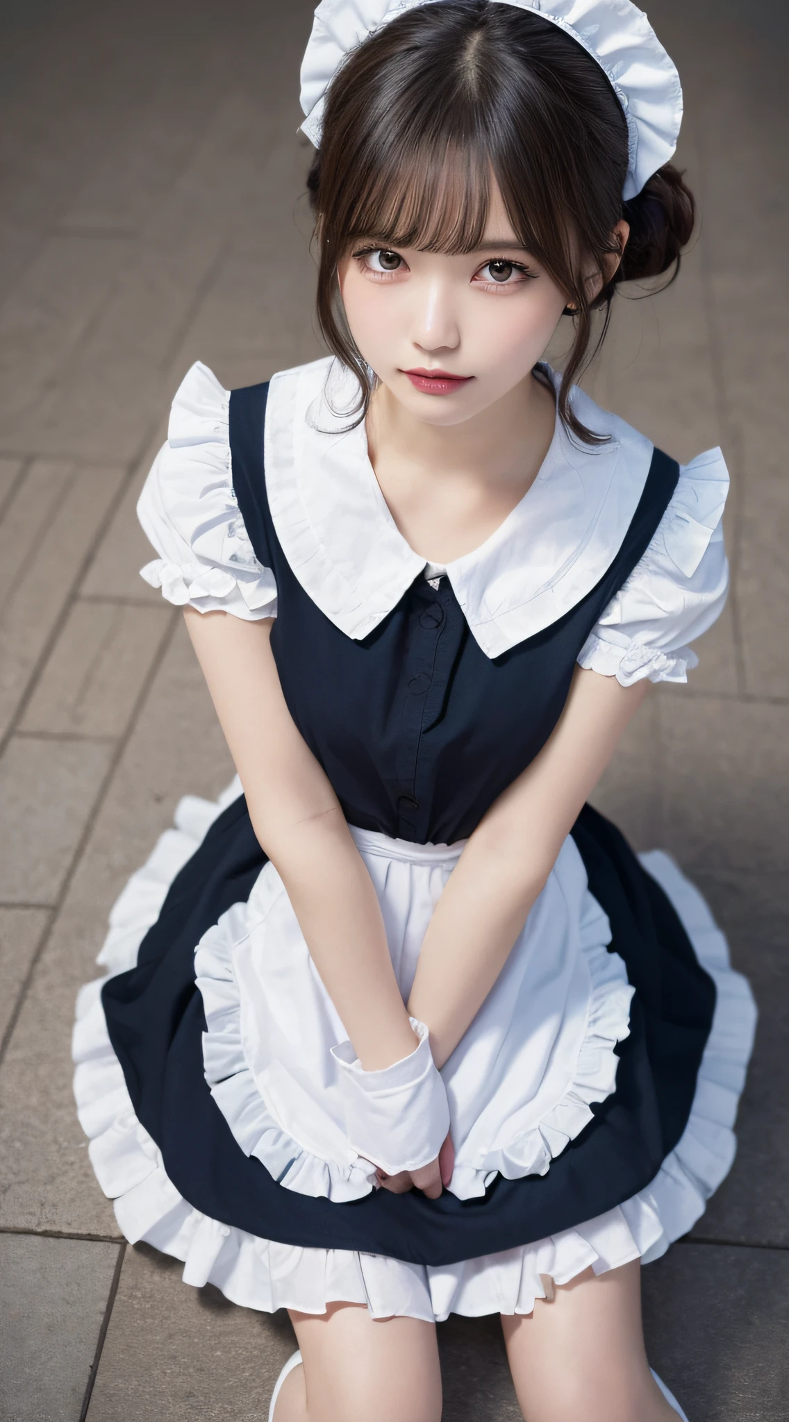 masutepiece, Best Quality, Illustration, Ultra-detailed, finely detail, hight resolution, 8K Wallpaper, Perfect dynamic composition, ((close up:1.3, from above, lookin at viewer)), Beautiful detailed eyes , (wearing Cotton Maid Costume, , Cute Ruffle Girl Dress, maid headband, color base on white black blue),