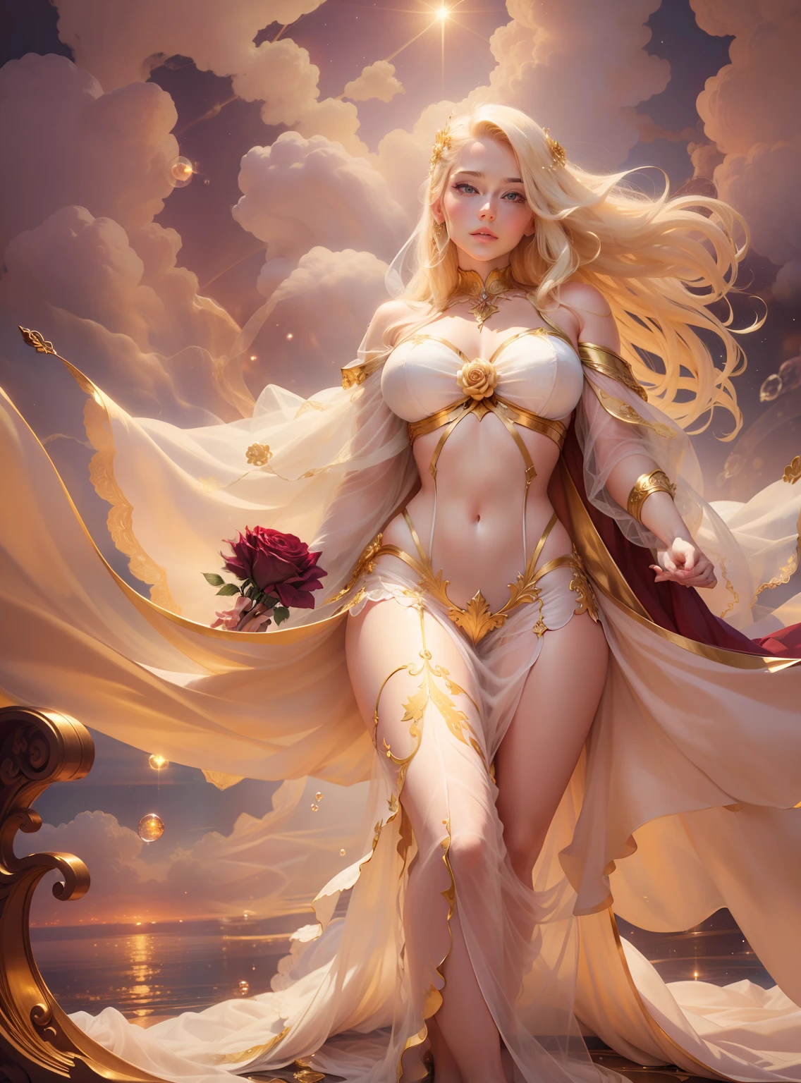 in a glass bubble beautiful blond 30-years-old angel, full body shot, long shot, beautiful perfectly defined hands, four fingers, holding a golden transparent glass bubble containing the rose of Sharon, in a glorious maroon wine and golden white gossamer gown, dark stary background, with white mock orange, 64k resolution hyperdetailed