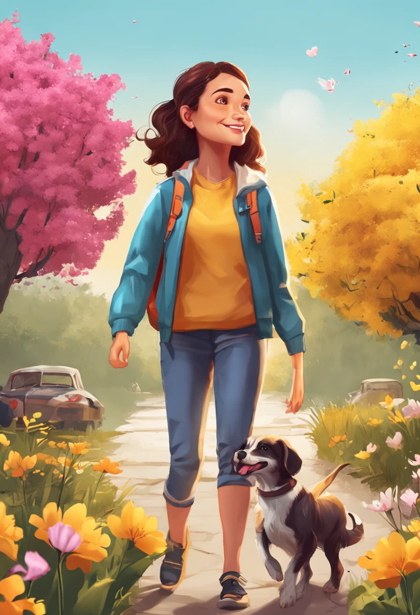 A very attractive girl with a backpack and a cute dog、Enjoying a cute spring excursion surrounded by beautiful yellow flowers and nature. Illustrations are high-definition illustrations in 4K resolution、Features highly detailed facial features and cartoon-style visuals