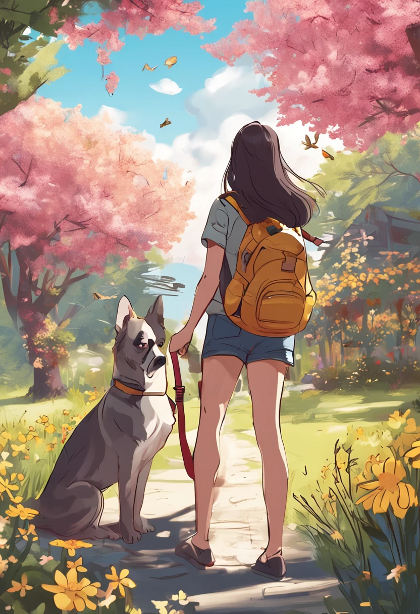A very attractive girl with a backpack and a cute dog、Enjoying a cute spring excursion surrounded by beautiful yellow flowers and nature. Illustrations are high-definition illustrations in 4K resolution、Features highly detailed facial features and cartoon-style visuals