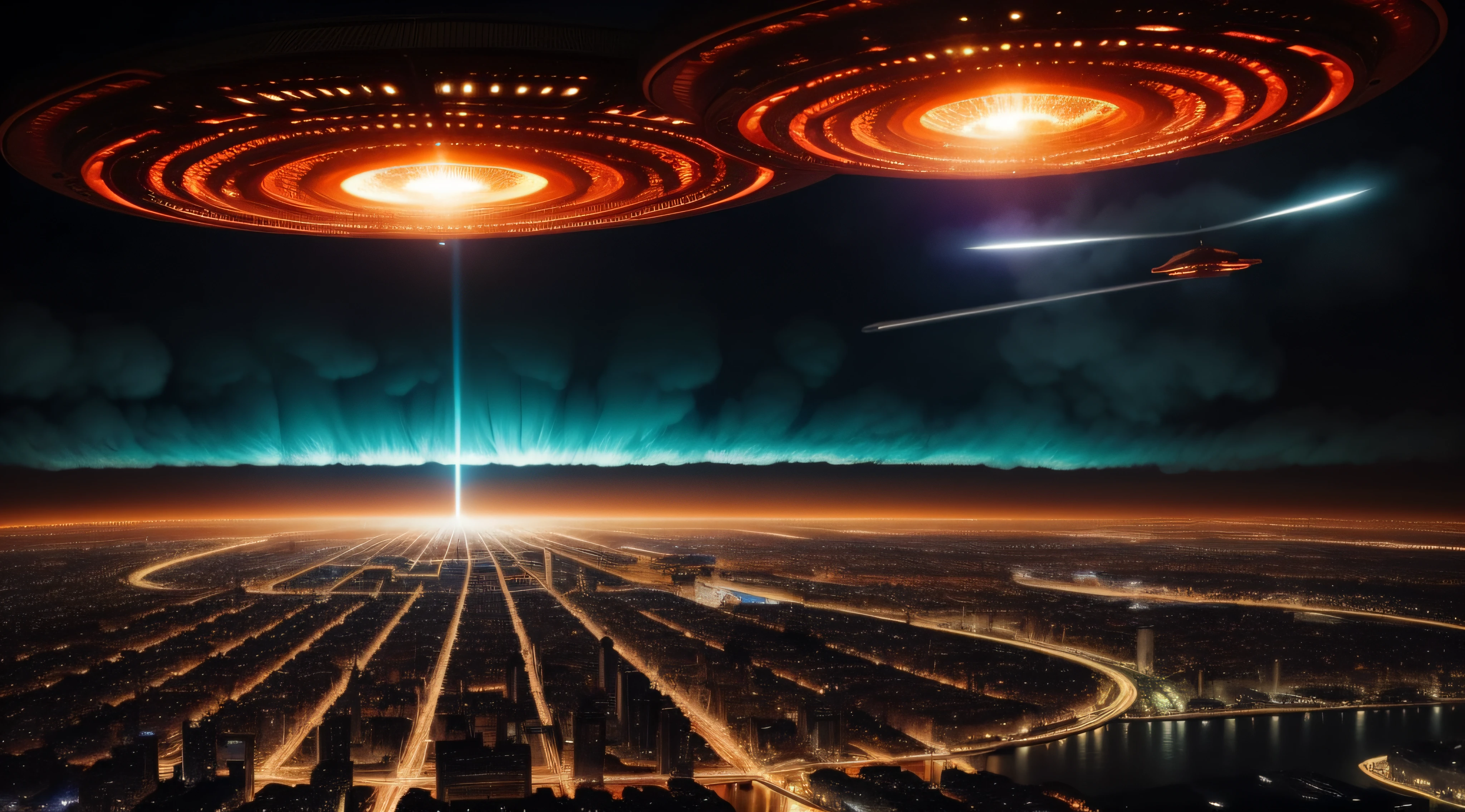 Spaceships fly over cities during the day,ufo attack, The city becomes a sea of fire,Huge mushroom clouds form,Aliens invade Earth, depicted as a scifi scene, the ufo is over the city, Invasion of Earth time,
