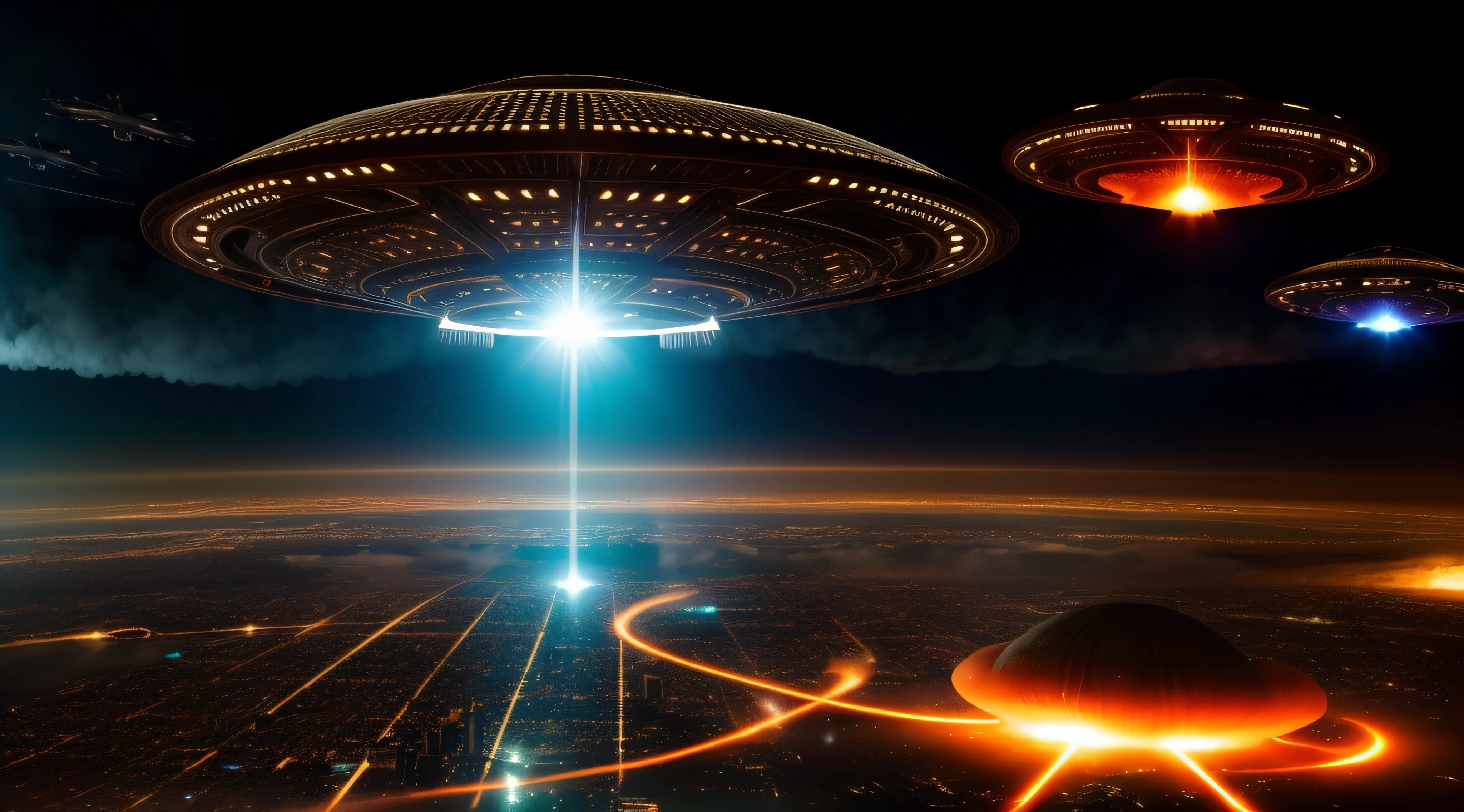 Spaceships fly over cities during the day,ufo attack, The city becomes a sea of fire,Huge mushroom clouds form,Aliens invade Earth, depicted as a scifi scene, the ufo is over the city, Invasion of Earth time,