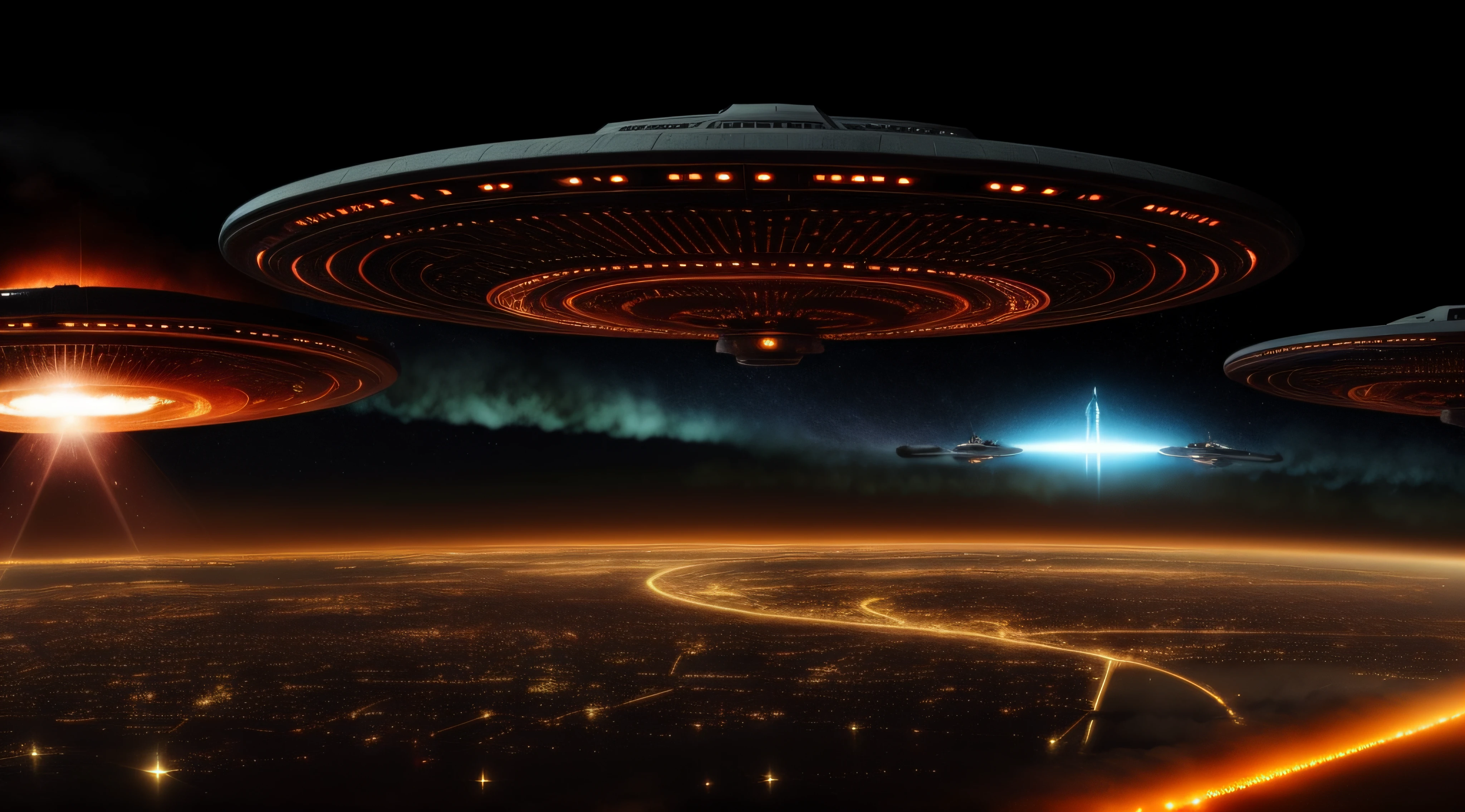 Spaceships fly over cities during the day,ufo attack, The city becomes a sea of fire,Huge mushroom clouds form,Aliens invade Earth, depicted as a scifi scene, the ufo is over the city, Invasion of Earth time,