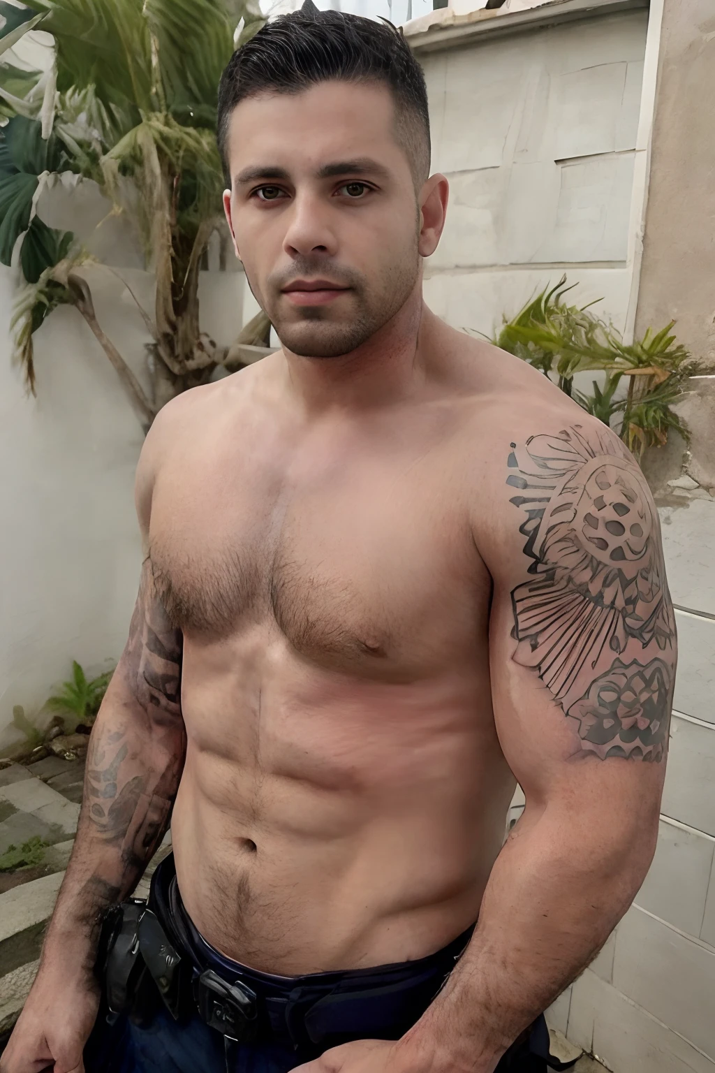 Um homem policial brasileiro, tatuado, gostoso