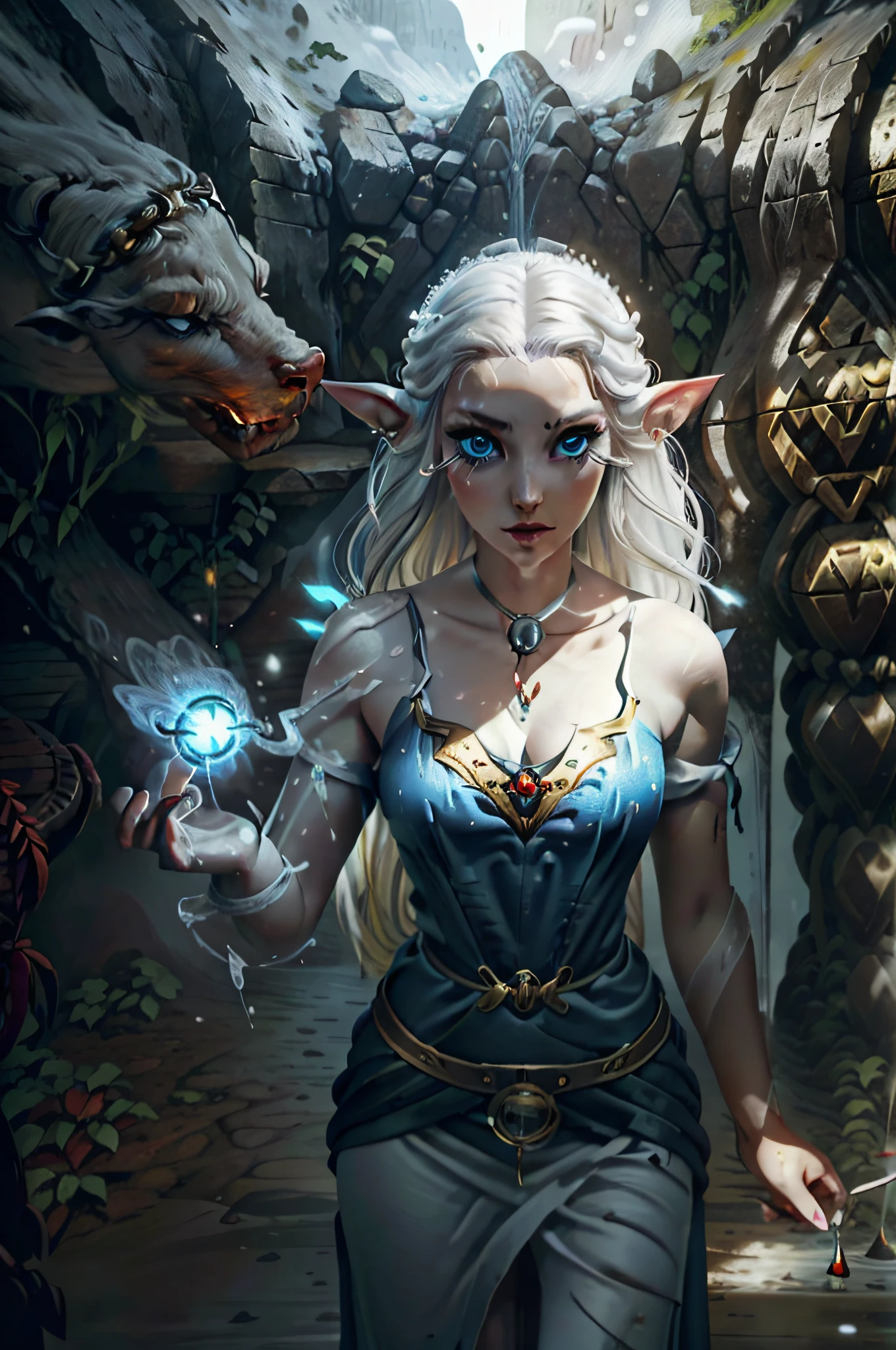 pele acizentada,poucas e pequenas queimaduras de frio. Olhos cegos, white lashes, sobrancelha branca e rareada. Pale mouth. Long flowing white hair. elvish ears, brincos gota pratas, piercings no topo da orelha. Corpo magro feminino,Longas, flowing dress and snow white,sem decote,mangas curtas. fundo nevado