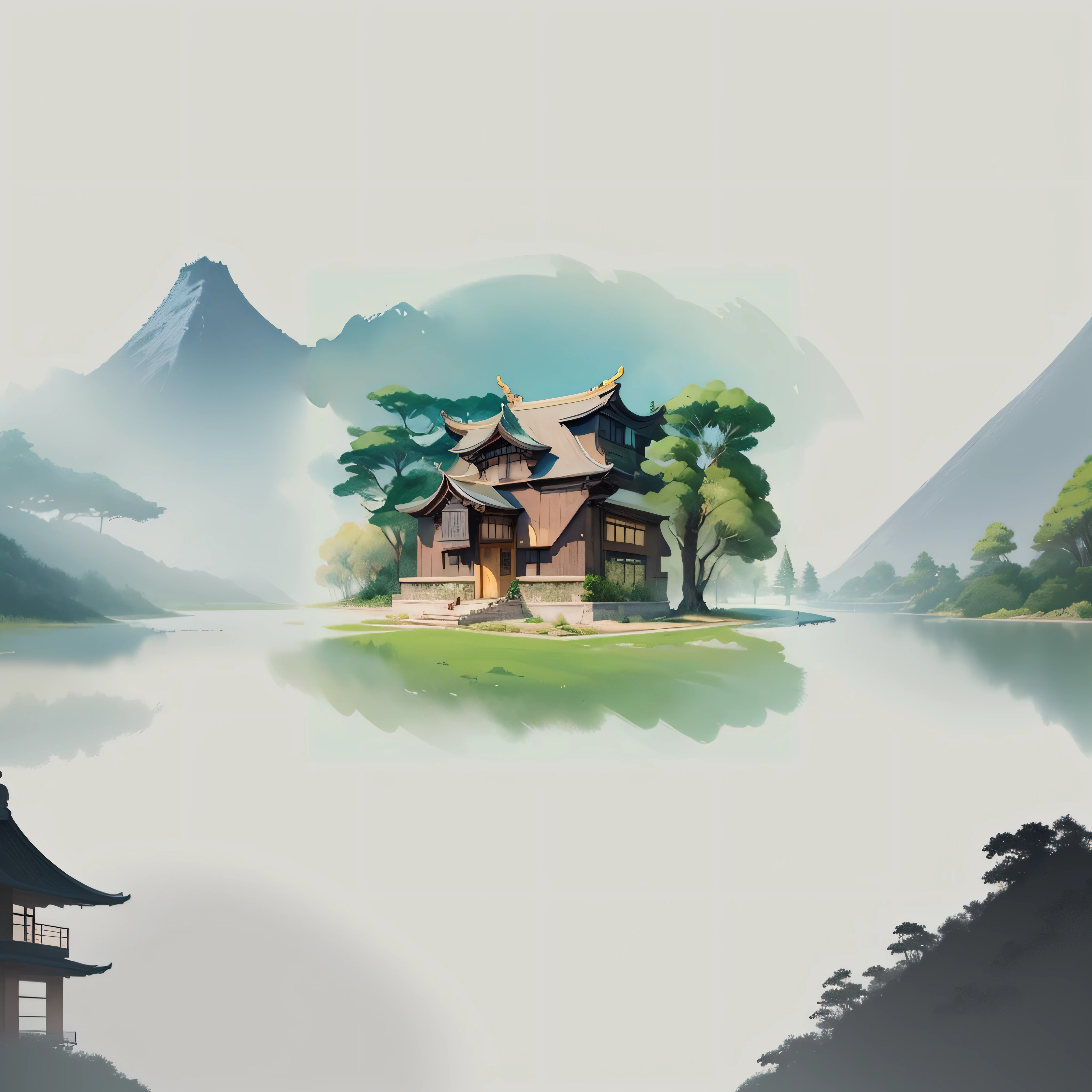 A painting of a Japanese house with a tree as a background, traditional japanese concept art, digital painting of a pagoda, Anime landscape concept art, Anime background art, Japanese style houses, A beautiful artwork illustration, made with anime painter studio, Ancient Japanese architecture, Japanese art style, drawn in anime painter studio, inspired by Ryōhei Koiso