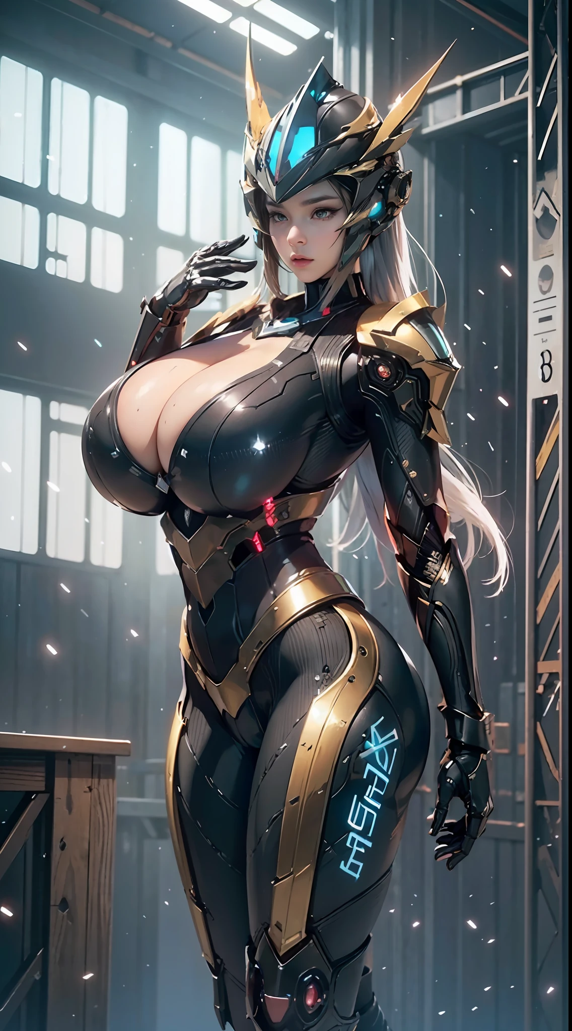 ((Unreal Engine 5)), Realistic Rendering, Excellent, (Full bodysuit:1.2), (breastplate), (helm), looking on camera, 1girl standing on studio, beautiful face, (kpop makeup), CGImix, (photorealism:1.2), ultrarealistic uhd face, (huge fake boobs:1.4), (gigantic breasts:1.1), (muscle abs), (big butt), (wide hips), (thick thighs), slim waist, hourglass figure, half body, ((glowing skin)), ((shiny skin)), Realistic perfect body, ((she is sexy body)), ((clean skin)), photorealistic, bokeh, motion blur, masterpiece, highres, 1080P, super detail, textured skin.