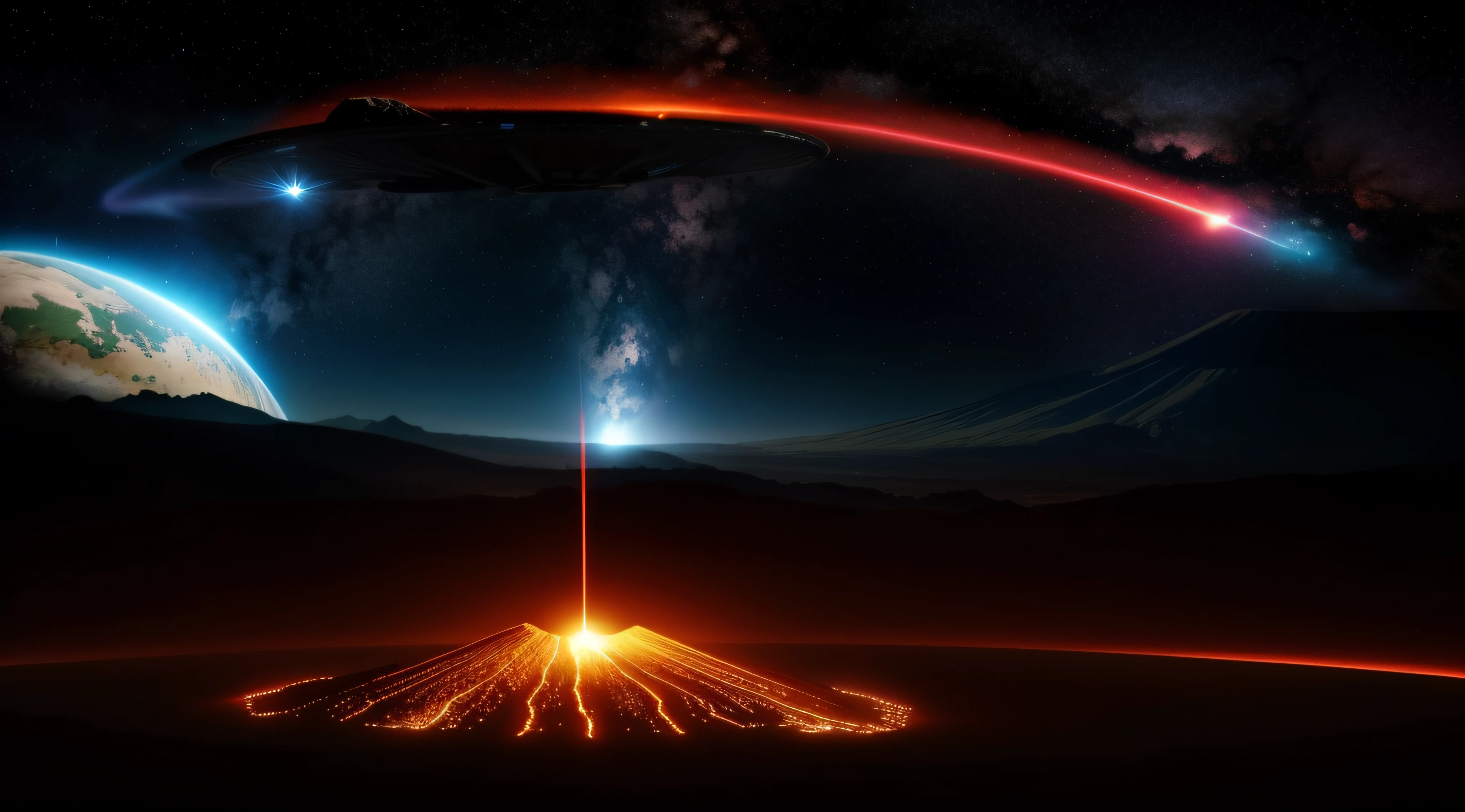 The spaceship flew over the volcano，with a planet in the background, Aliens invade Earth, ufo attack, alien worlds, Armageddontic events, alien city, Alien invasion, Alien sky, Invasion of Earth time, fire from sky, the world on fire, red sprites in the atmosphere, alien worlds, the world on fire, Panspermia, sci fi alien world