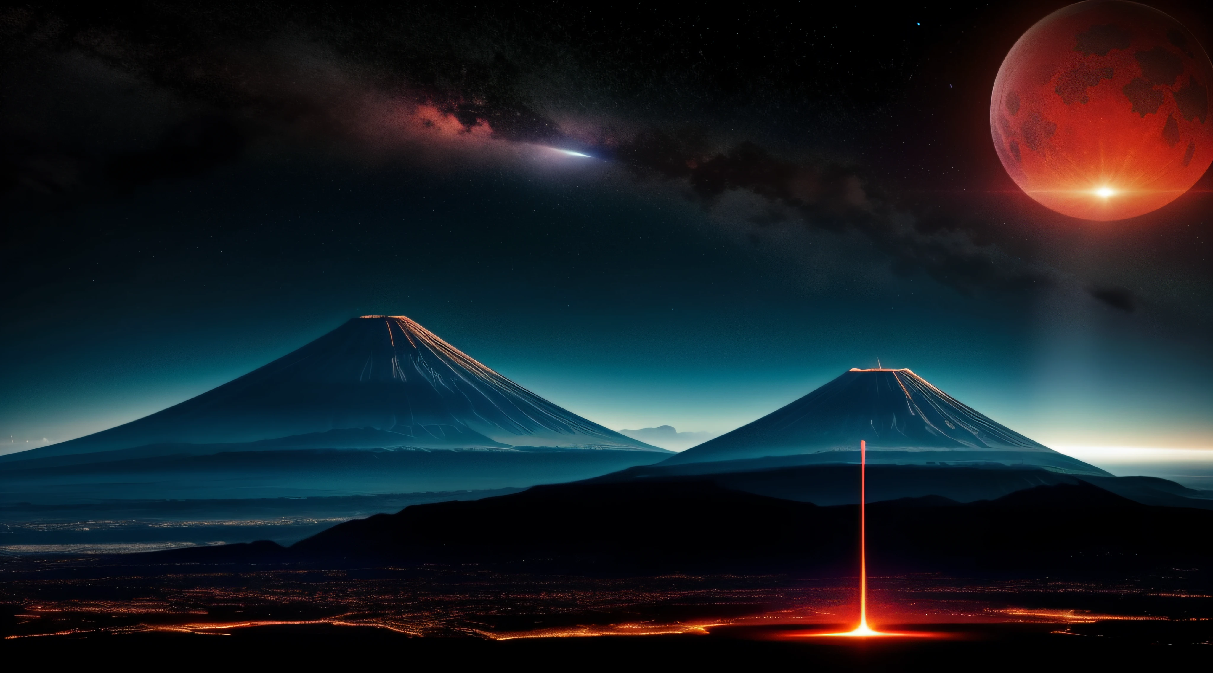 The spaceship flew over the volcano,with a planet in the background, Aliens invade Earth, ufo attack, alien worlds, Armageddontic events, alien city, Alien invasion, Alien sky, Invasion of Earth time, fire from sky, the world on fire, red sprites in the atmosphere, alien worlds, the world on fire, Panspermia, sci fi alien world