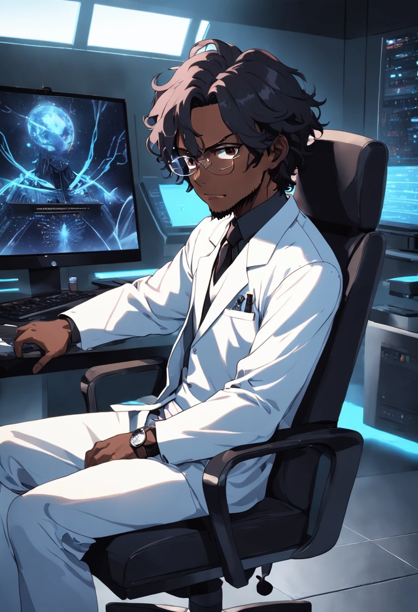 raw, wide angle, A man in a dark lab sitting in a chair in front of a futuristic computer screen wears glasses., Age 50,Reddish black skin, Black Hair, Wavy Hair,Shoulder-length hair,Tie me up.,Dark eye typography,Little beard,Black dress,White Lab Coat, Coffee mugs are placed on the table., Astronomy Laboratory Show star information, hardware, Bright environment, Neon, ((cyberpunked))
