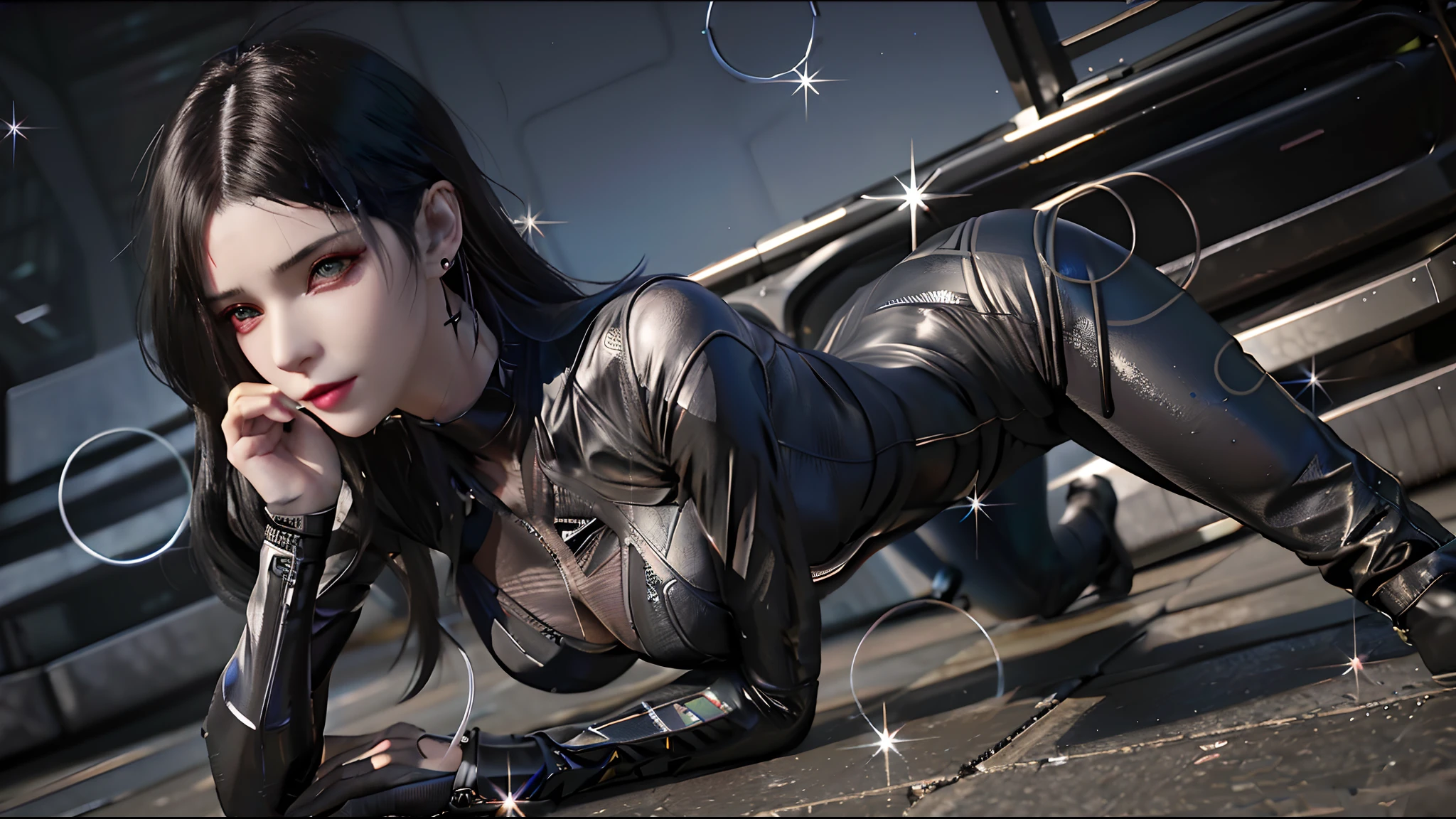 The Arad woman in black leather was lying on the ground, seductive cyberpunk dark fantasy, trending on cgstation, Cyberpunk 2 0 y. o model girl, female cyberpunk anime girl, cyberpunk glossy latex suit, cgsociety - w 1 0 2 4 - n 8 - i, trending at cgstation, cyberpunk angry gorgeous goddess, all black cyberpunk clothes
