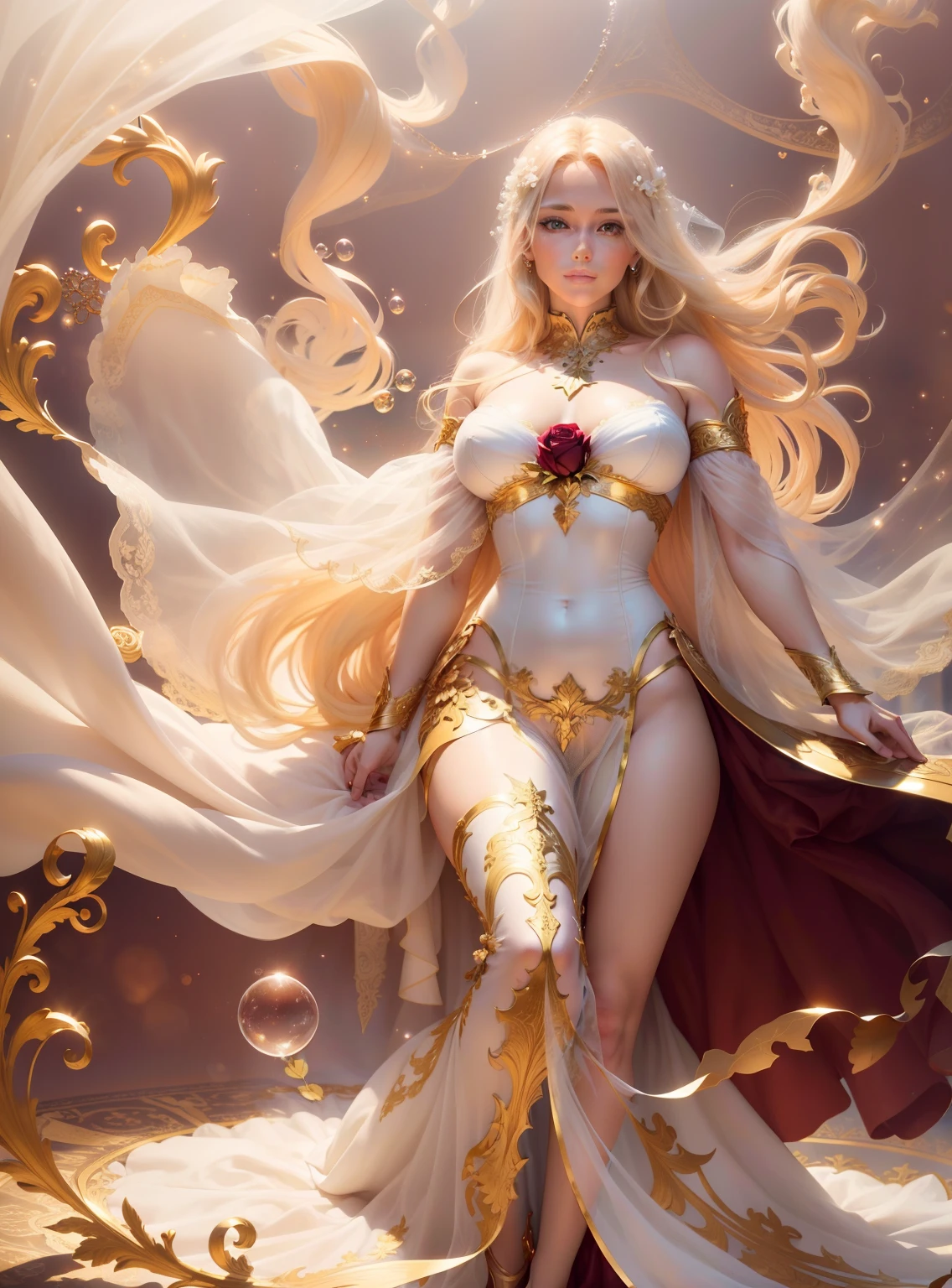 in a glass bubble beautiful blond 30-years-old angel, full body shot, long shot, beautiful perfectly defined hands, four fingers, holding a golden transparent glass bubble containing the rose of Sharon, in a glorious maroon wine and golden white gossamer gown, dark stary background, with white mock orange, 64k resolution hyperdetailed