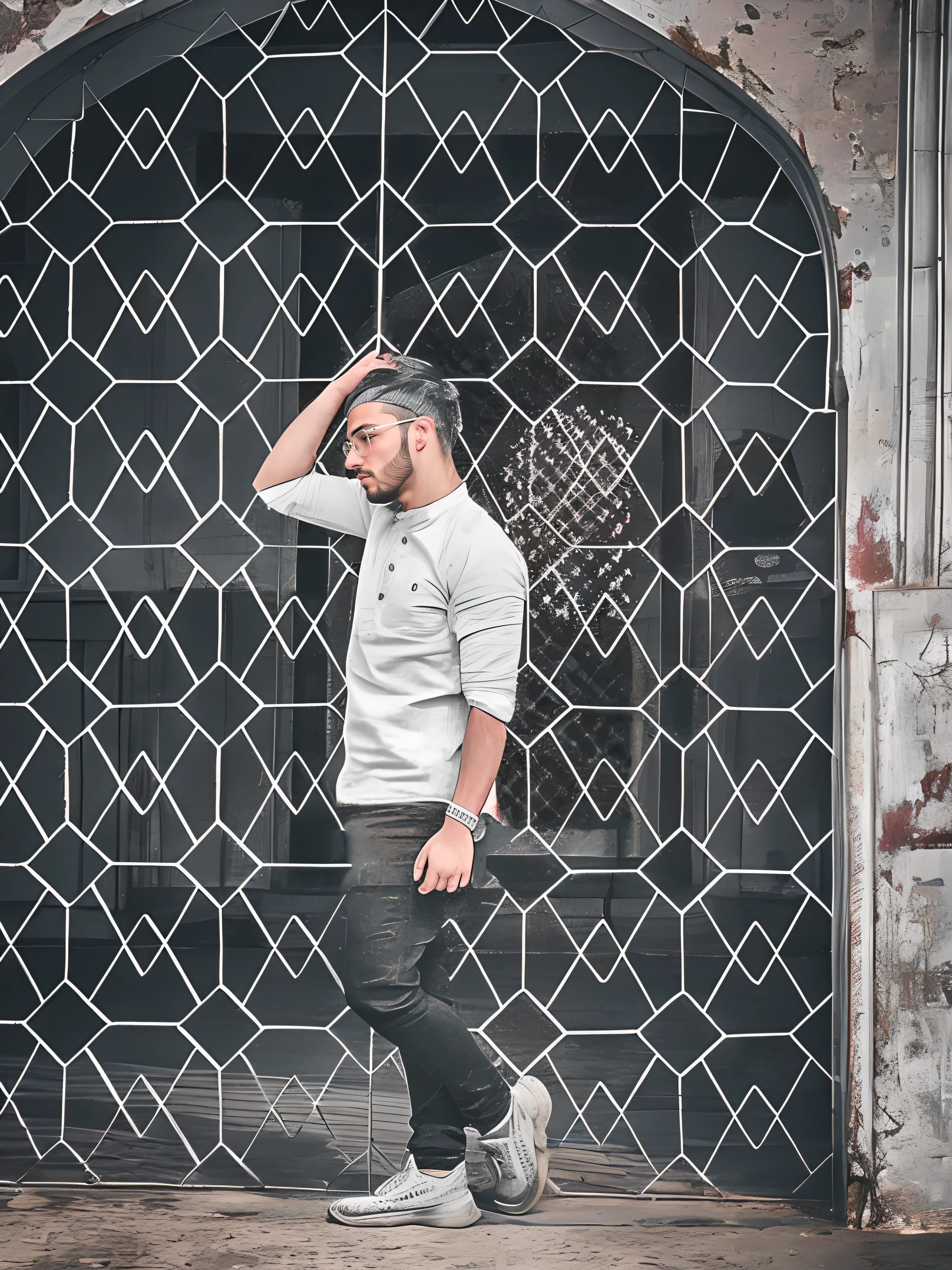 arafed man standing in front of a gate with a hat on, casual photography, with a cool pose, shot on canon eos r 5, shot on canon eos r5, stylish pose, * colour splash *, casual pose, shot on sony a 7, full body photogenic shot, candid photography, mohamed chahin style, profile photography, shot on sony a 7 iii