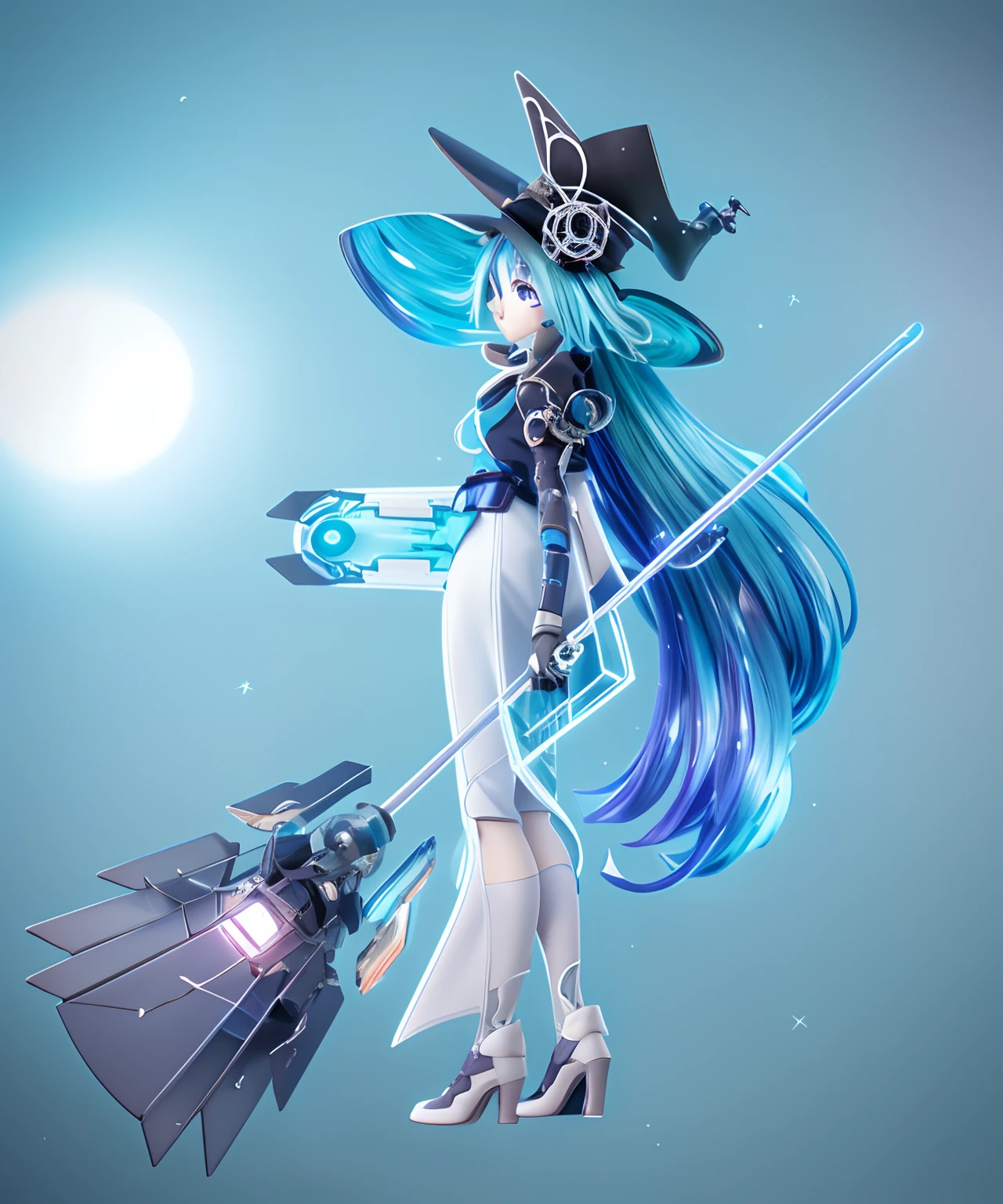 Anime mechanical witch close-up, Cute anime mechanical witch, Anime style. 8K, Beautiful anime mechanical witch, Very beautiful anime mechanical witch, anime styled 3d, Realistic anime 3 D style, made with anime painter studio, Stylized anime, Anime girl with teal hair, Anime Mechanical Witch, A cold 3D anime girl rendering，closeup of face，Delicate face，pale-blue