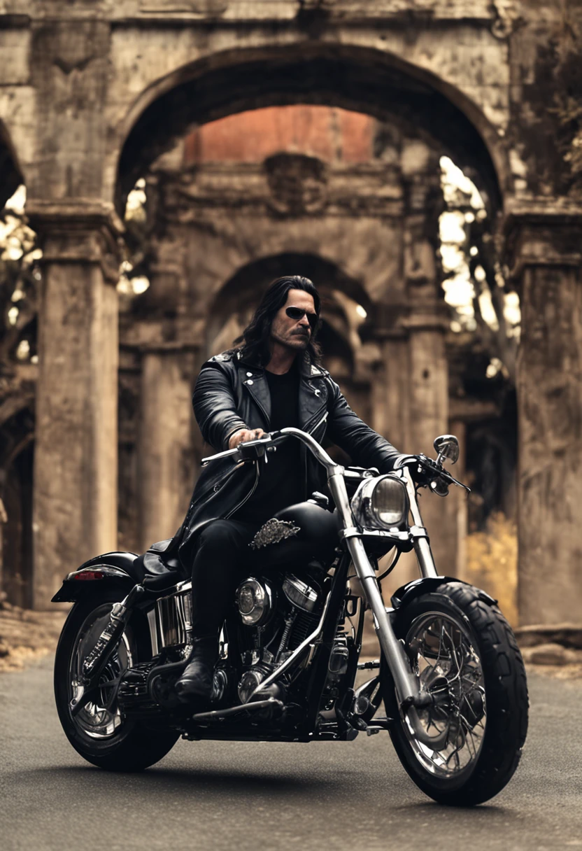 A hell's angel motorcycle rider with a skull for a head and long flowing black hair