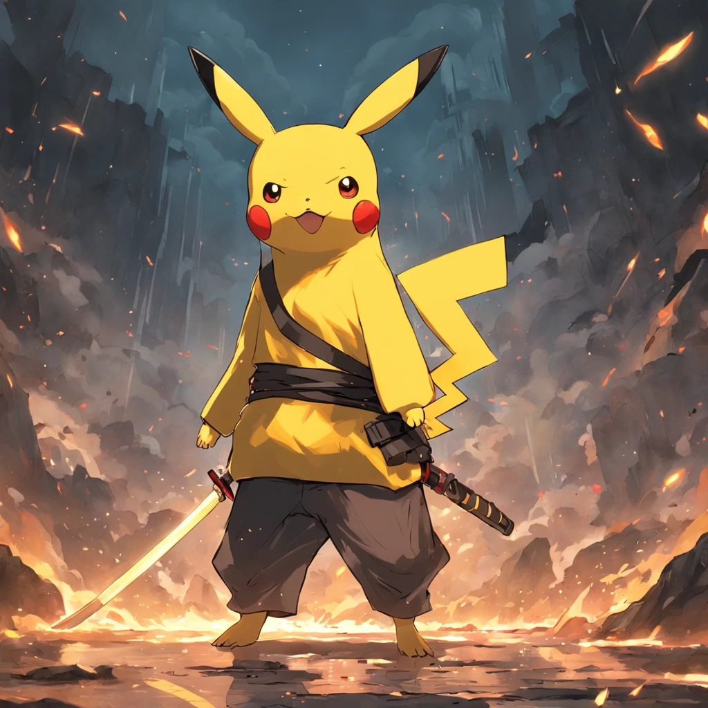Crear una imagen de un pikachu humanoide arrodillado, Sostener una katana y levantarla, Make him an adult, samurai