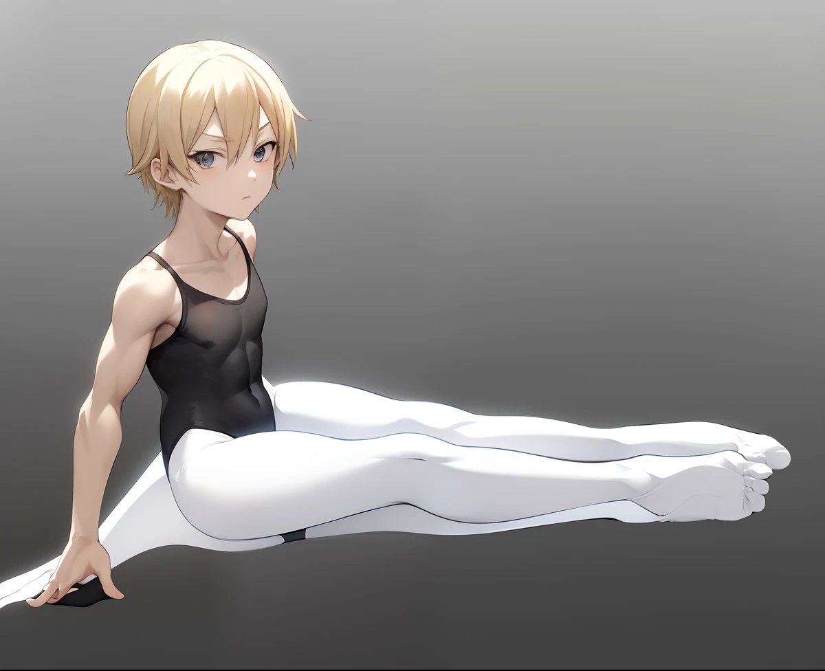 Anime boy in black leotard sitting on floor,Anime boy in white tights sitting on the floor, Anime boy with blonde tied hair, Strongest Pose, elegant floating pose, wearing leotard, dramatic floating pose, anime pose, relaxed poses, Cool pose, Leotard, strong pose, doing an elegant pose, pretty face with arms and legs, fully body pose, neutral pose, Poses variadas