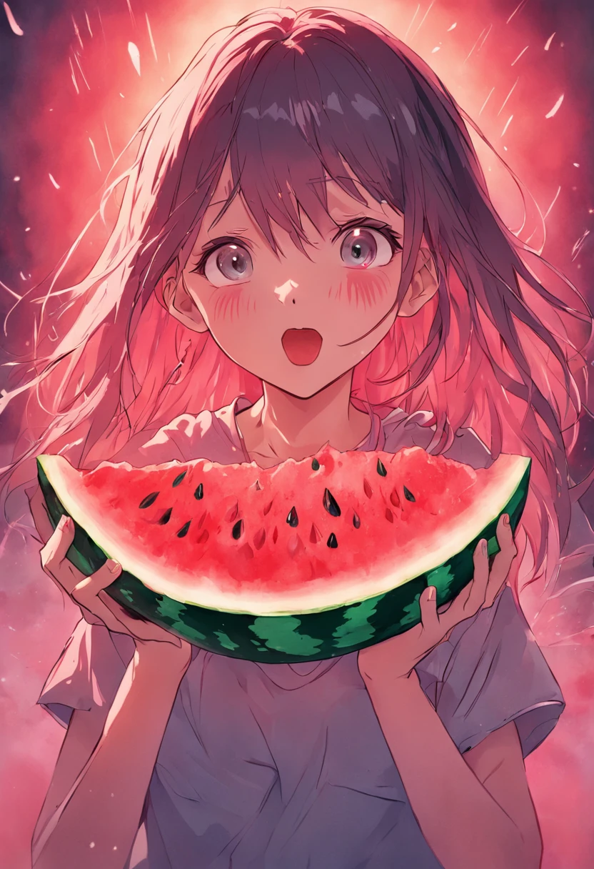 {Best Quality}, {very aesthetic}, {Ultra-detailed}, {Best Illustration}, Watermelon pattern swimsuit, The bikini, Pink hair
