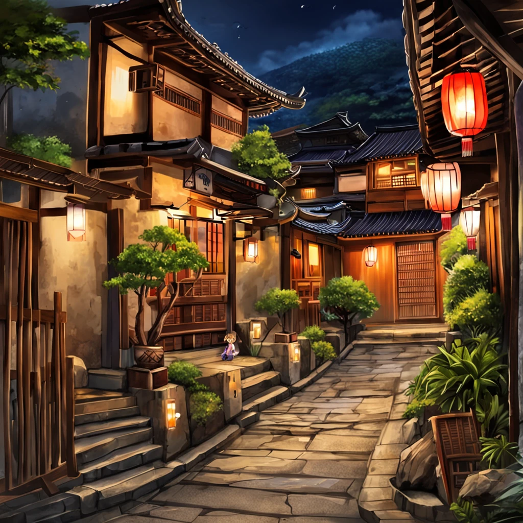 Vista de Arafed de un pueblo，Muchas luces en los edificios，dreamy Chinese towns，Pueblo chino，Amazing wallpapers，Una ciudad japonesa，japanese village，Surreal photo of a small village，ancient Asian village，Una calle comercial japonesa o taiwanesa，japan city，Raymond Han，tarde lluviosa, Cyberpunk antiguo castillo chino, Edificio bien iluminado, Por la noche bajo la lluvia, beautiful and aesthetic, Fotografia of, cinematiclight, 8k, Alto detalle ((Lluvias muy fuertes)))