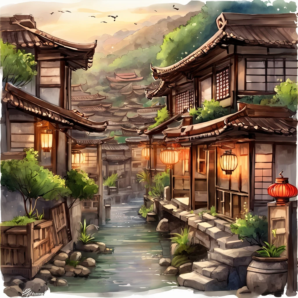 Vista de Arafed de un pueblo,Muchas luces en los edificios,dreamy Chinese towns,Pueblo chino,Amazing wallpapers,Una ciudad japonesa,japanese village,Surreal photo of a small village,ancient Asian village,Una calle comercial japonesa o taiwanesa,japan city,Raymond Han,tarde lluviosa, Cyberpunk antiguo castillo chino, Edificio bien iluminado, Por la noche bajo la lluvia, beautiful and aesthetic, Fotografia of, cinematiclight, 8k, Alto detalle ((Lluvias muy fuertes)))