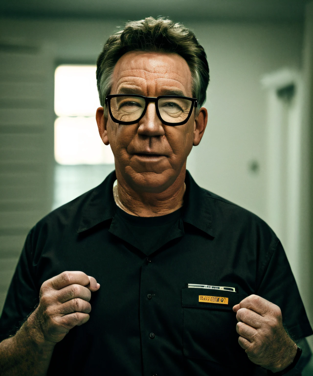 1man,tim allen , up,(wearing prison uniform,black glasses),(handcuffed),(masterpiece:1.2) (photorealistic:1.2) (bokeh) (best quality) (detailed skin) (intricate) (8k) (HDR) (cinematic lighting) (sharp focus) (Clutter-Home:1.2)