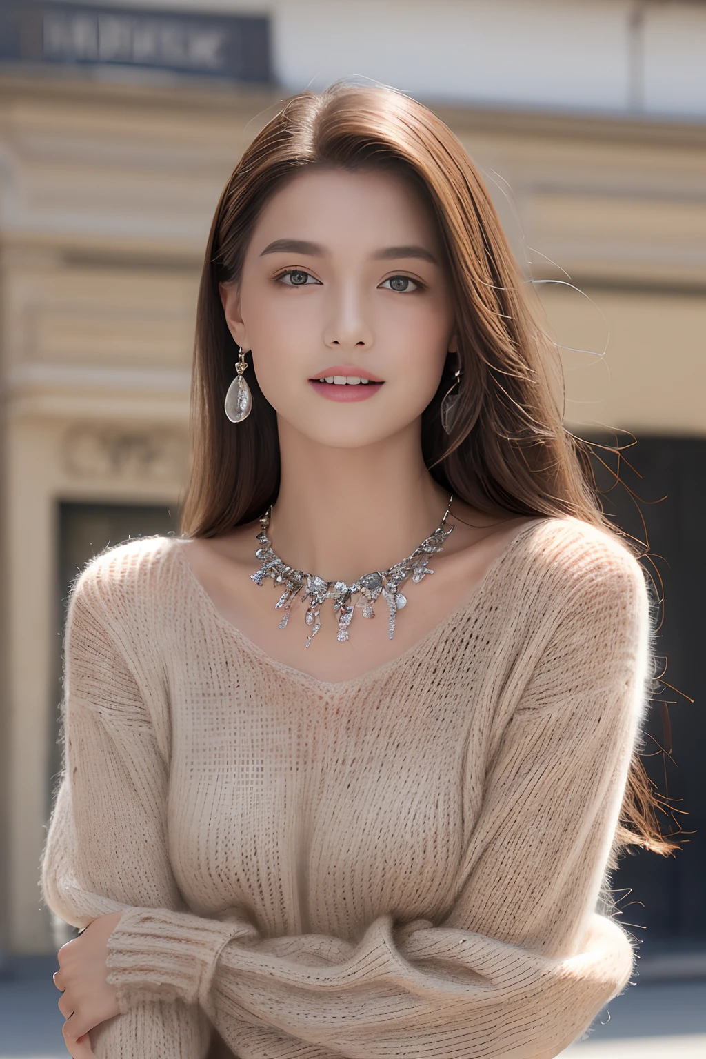 ((Paris City Center、Realistic light、top-quality、8K、masterpiece:1.3))、1girl in、A slight smil、Slim Beauty:1.4、brown haired、Grey knitted shirt、Red bean-colored long skirt、Thin Silver Necklace、A detailed eye、zoomout、show teeth、