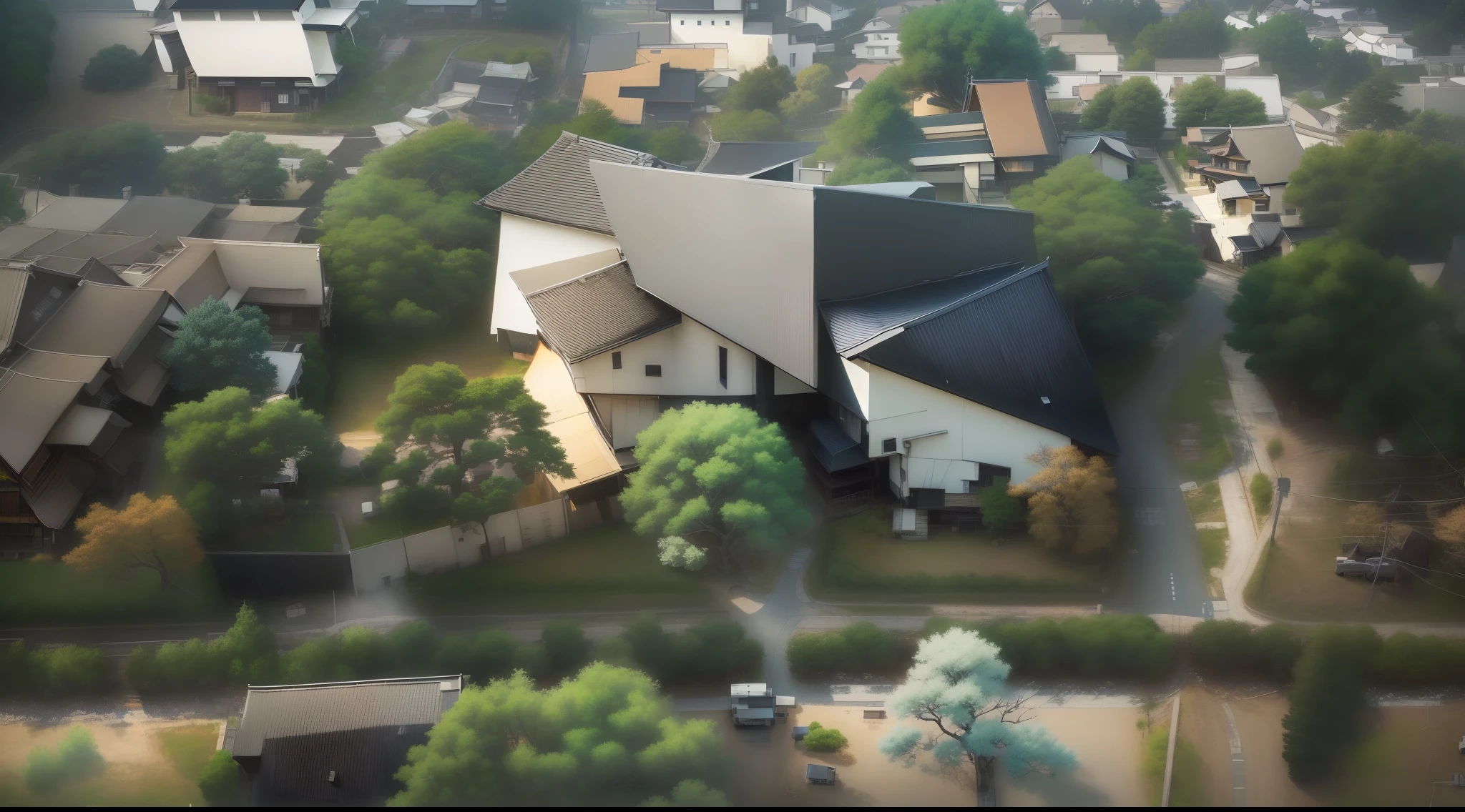 white wall house with black aluminum roofs from above (overhead view) with a lot of tree surround (Japanese town Landscape), (Hayao Miyazaki Style), cartoon, japanese rarely townhouse, road, bend, small house, tree, pole, white cloud, calm landscape, outdoor, green trees, epic composition, realistic lighting, high-definition detail, masterpiece, the best quality, (very detailed CG unified 8k wallpaper), --v6