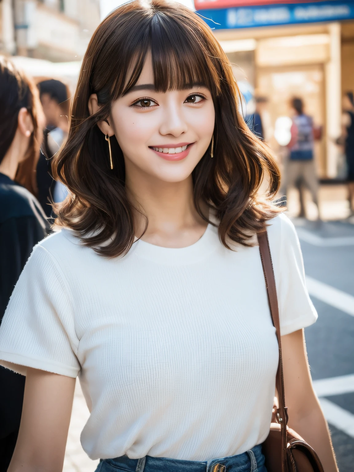 (8k, RAW photos, top quality, masterpiece: 1.2), ultra detailed, super resolution, (real, real photos: 1.37), portraits, high definition RAW color photos, professional photos, very detailed and beautiful, highly detailed, 8k wallpapers, amazing details, huge file size, official art, highly detailed CG Unity 8k wallpapers, highly detailed beautiful girls, highly detailed facesHighly detailed eyes, highly detailed skin, highly detailed fingers, Highly detailed nose, Highly detailed detailed mouth, Perfect anatomy, Highly detailed background, Highly detailed clothing, One Girl, (18:1.2), teen, cute girl, famous Japan idol, cute, realistic body, petite, white skin, radiant skin, slim body, handsome body, brown hair, short constricted curly hair, (blunt bangs:1.2), smile, cute, youthful, cute face, realistic face, delicate eyes, sagging eyes, white t-shirt, skirt, earrings, camera gaze, cowboy shot, front facing, standing, contrapost, high street, public, dynamic lighting, indoor