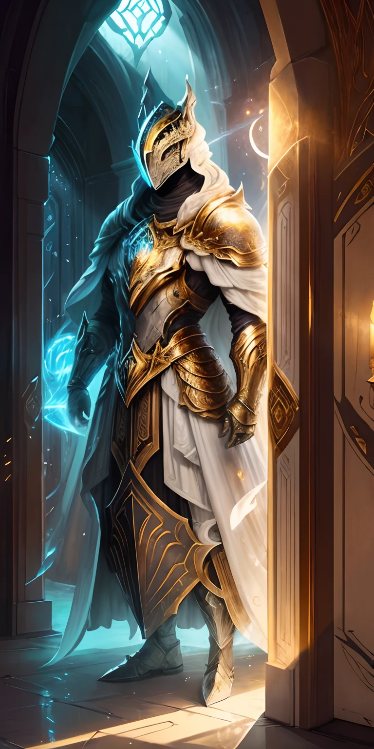Striking illustration of the guardian of light, A celestial and ethereal figure that guards the threshold of light. His presence is splendid and powerful., con alas inmensas que se extienden hacia el horizonte y una mirada penetrante que transmite serenidad y respeto.espada.en la mano reluciente, armadura resplandeciente,In the background he uses warm white and gold tones and deep shadows to emphasize his ethereal nature and his connection to the realm of light.............(warm lighting), ( divine lighting),(celestial lighting)