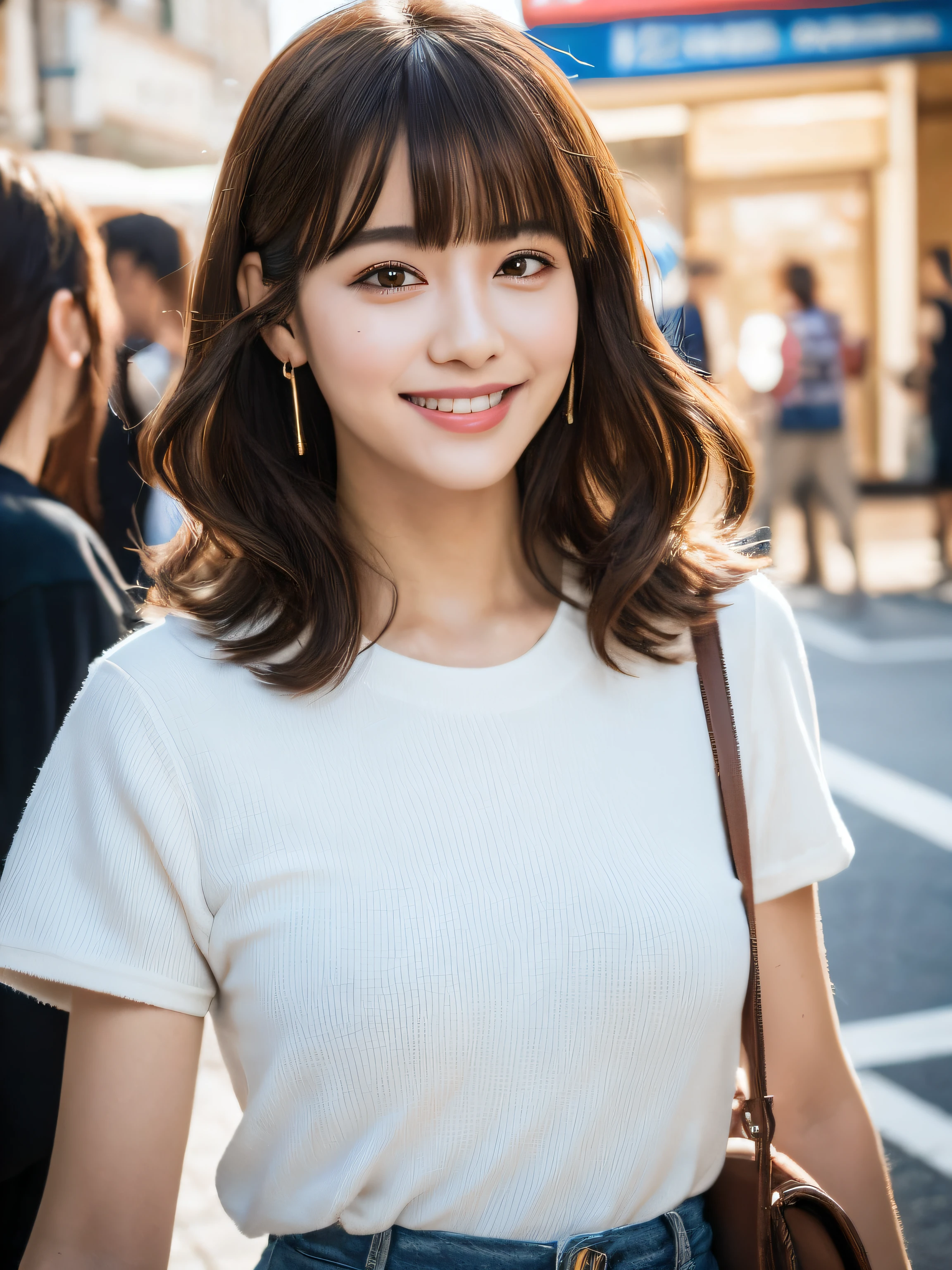 (8k, RAW photos, top quality, masterpiece: 1.2), ultra detailed, super resolution, (real, real photos: 1.37), portraits, high definition RAW color photos, professional photos, very detailed and beautiful, highly detailed, 8k wallpapers, amazing details, huge file size, official art, highly detailed CG Unity 8k wallpapers, highly detailed beautiful girls, highly detailed facesHighly detailed eyes, highly detailed skin, highly detailed fingers, Highly detailed nose, Highly detailed detailed mouth, Perfect anatomy, Highly detailed background, Highly detailed clothing, One Girl, (18:1.2), teen, cute girl, famous Japan idol, cute, realistic body, petite, white skin, radiant skin, slim body, handsome body, brown hair, short constricted curly hair, (blunt bangs:1.2), smile, cute, youthful, cute face, realistic face, delicate eyes, sagging eyes, white t-shirt, skirt, earrings, camera gaze, cowboy shot, front facing, standing, contrapost, high street, public, dynamic lighting, indoor